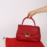 Bottega Veneta Red Intrecciato Turn - Lock Kelly Top Handle - FashioNica