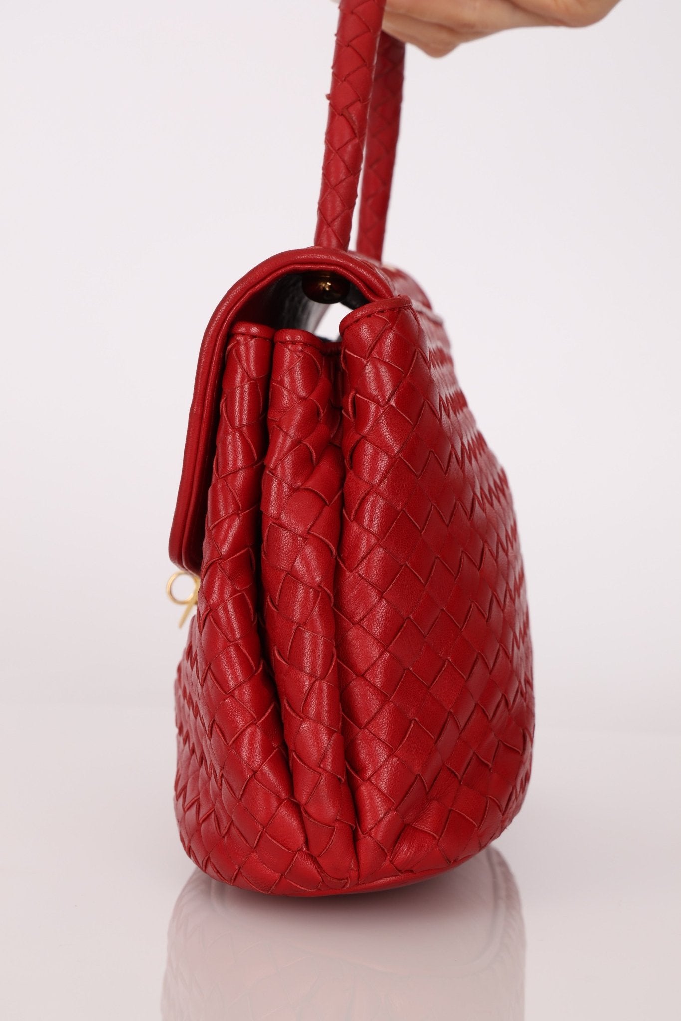 Bottega Veneta Red Intrecciato Turn - Lock Kelly Top Handle - FashioNica