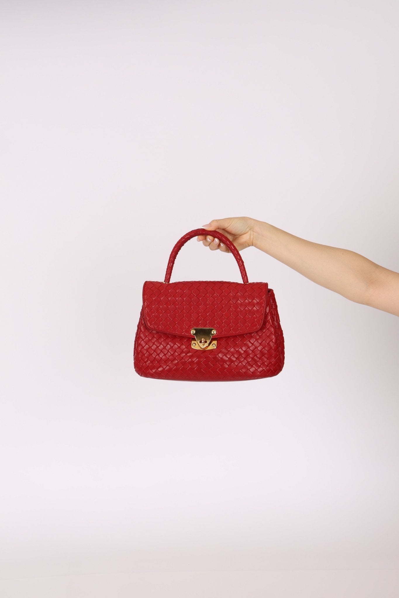 Bottega Veneta Red Intrecciato Turn - Lock Kelly Top Handle - FashioNica