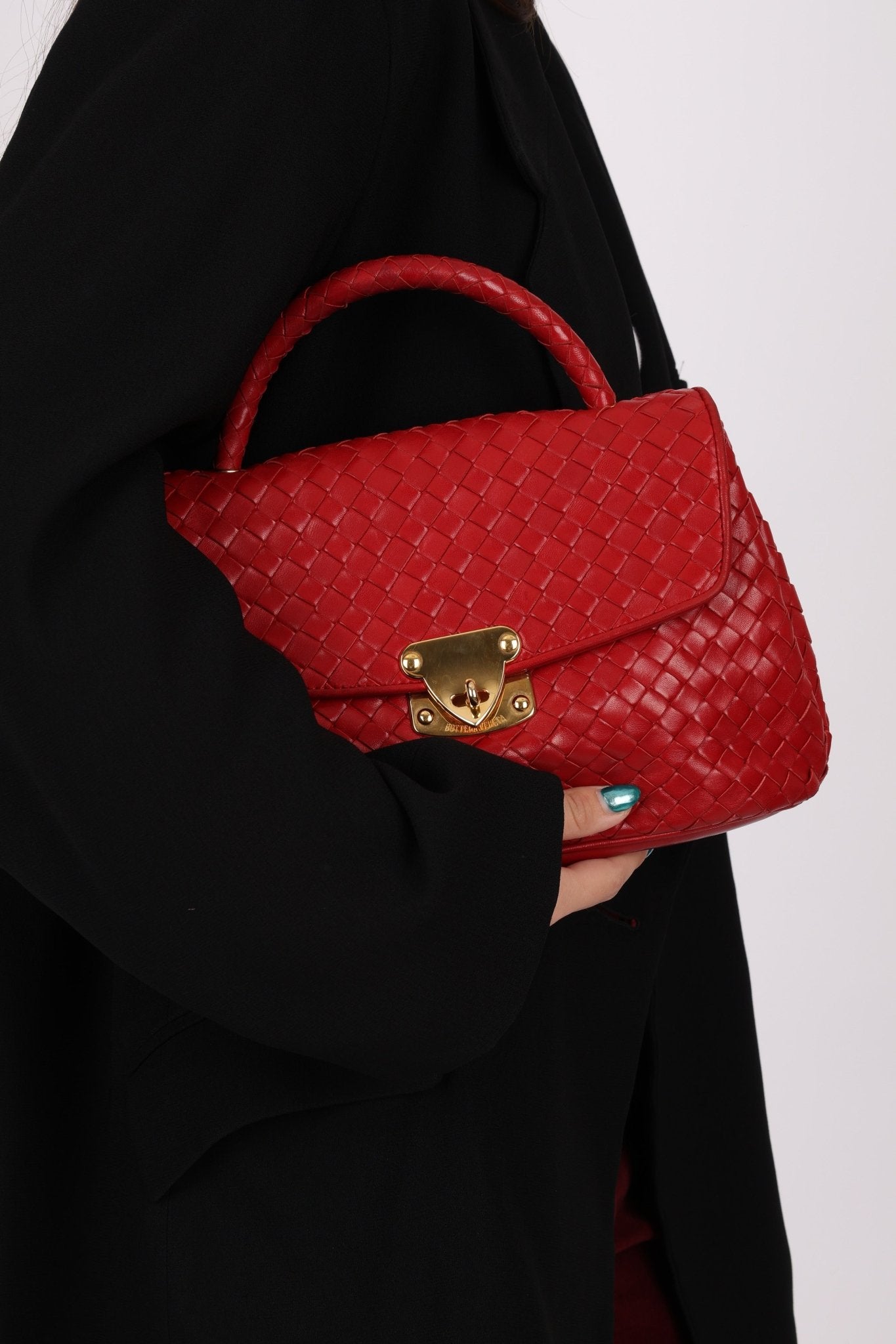 Bottega Veneta Red Intrecciato Turn - Lock Kelly Top Handle - FashioNica