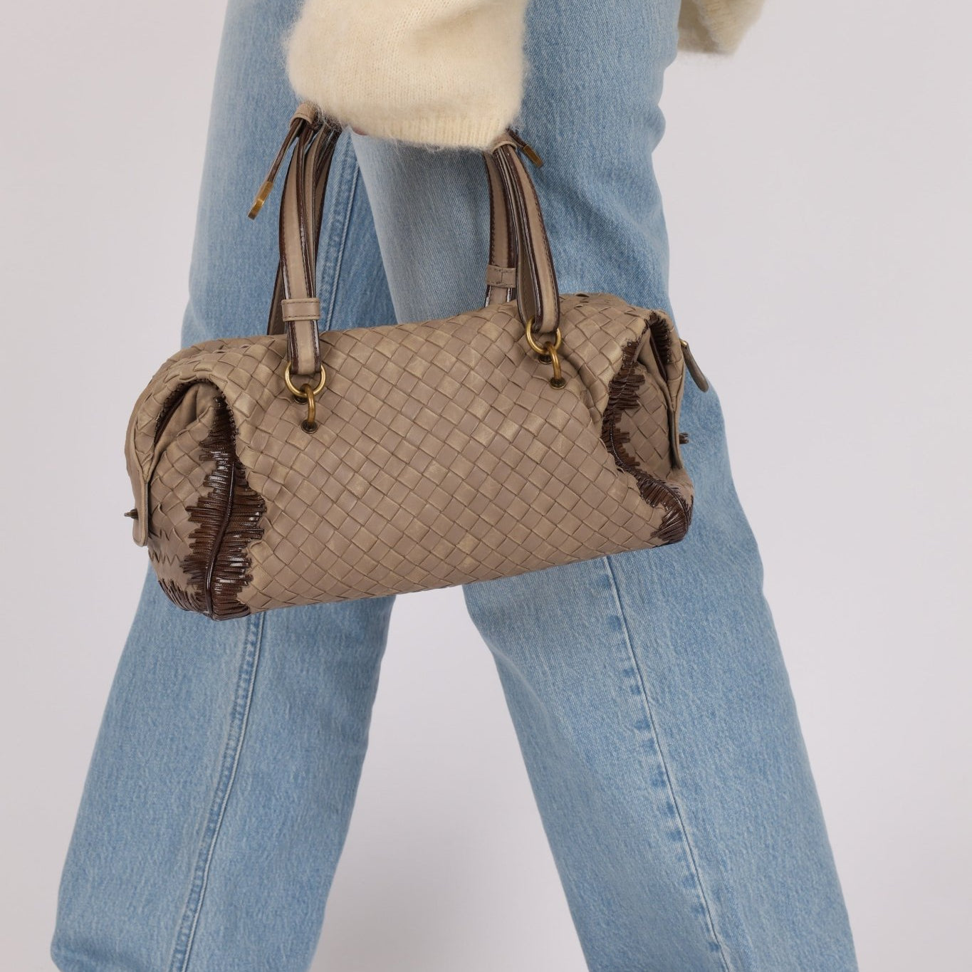 Bottega Veneta Taupe Intrecciato Mini Boston Bag - FashioNica
