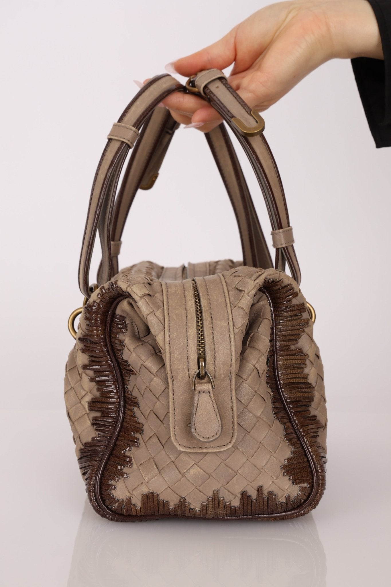 Bottega Veneta Taupe Intrecciato Mini Boston Bag - FashioNica