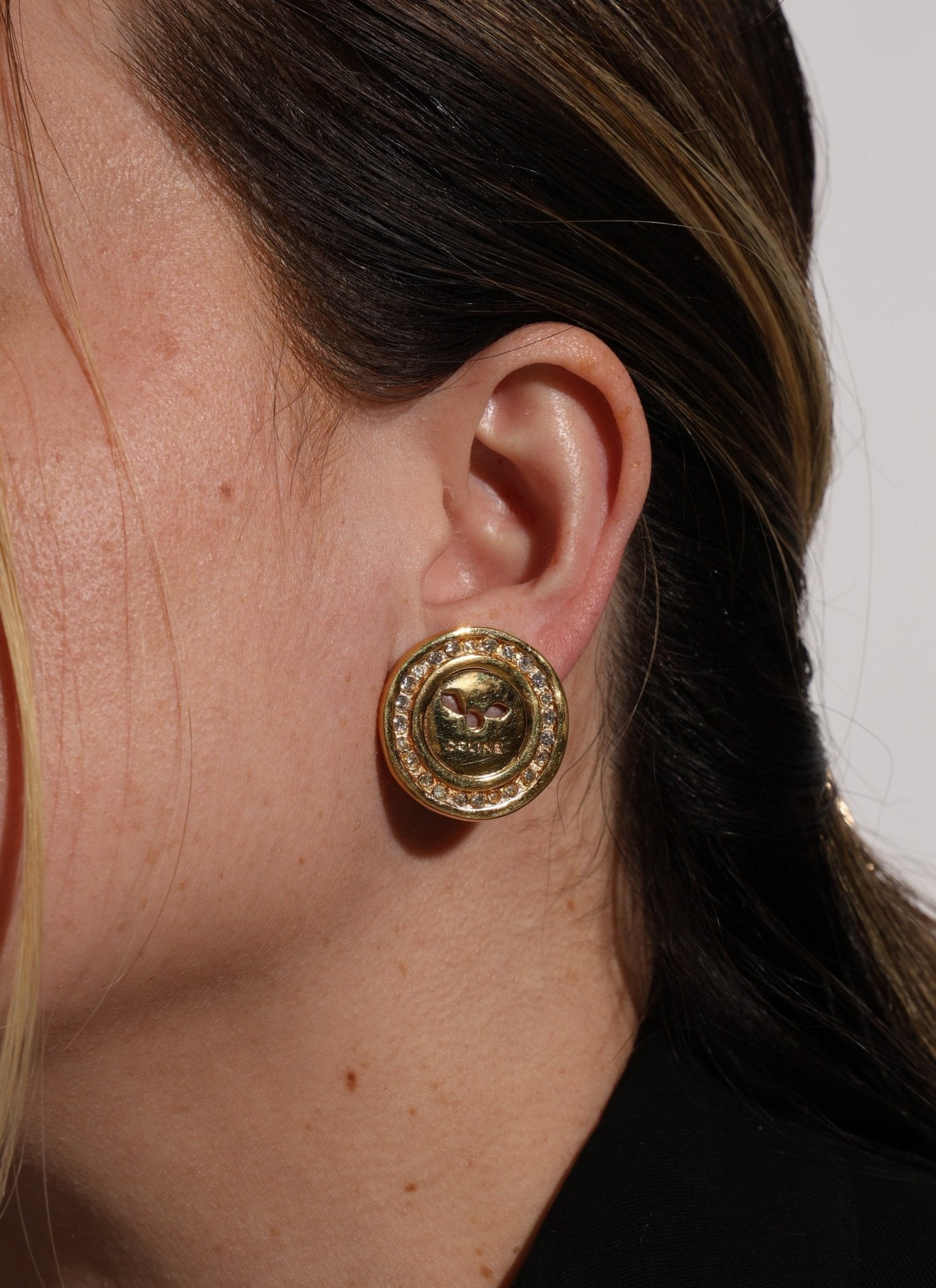 Celine Button Logo Round Clip - On Earrings - FashioNica
