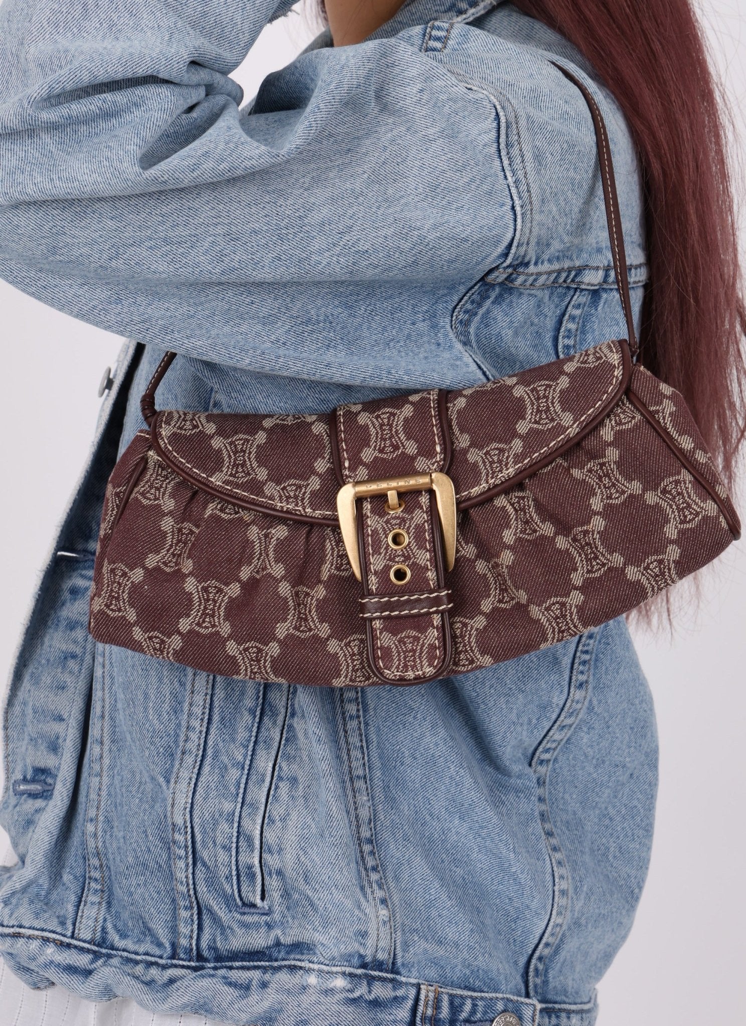 Celine Chocolate Denim Triomphe Ava Shoulder Bag - FashioNica