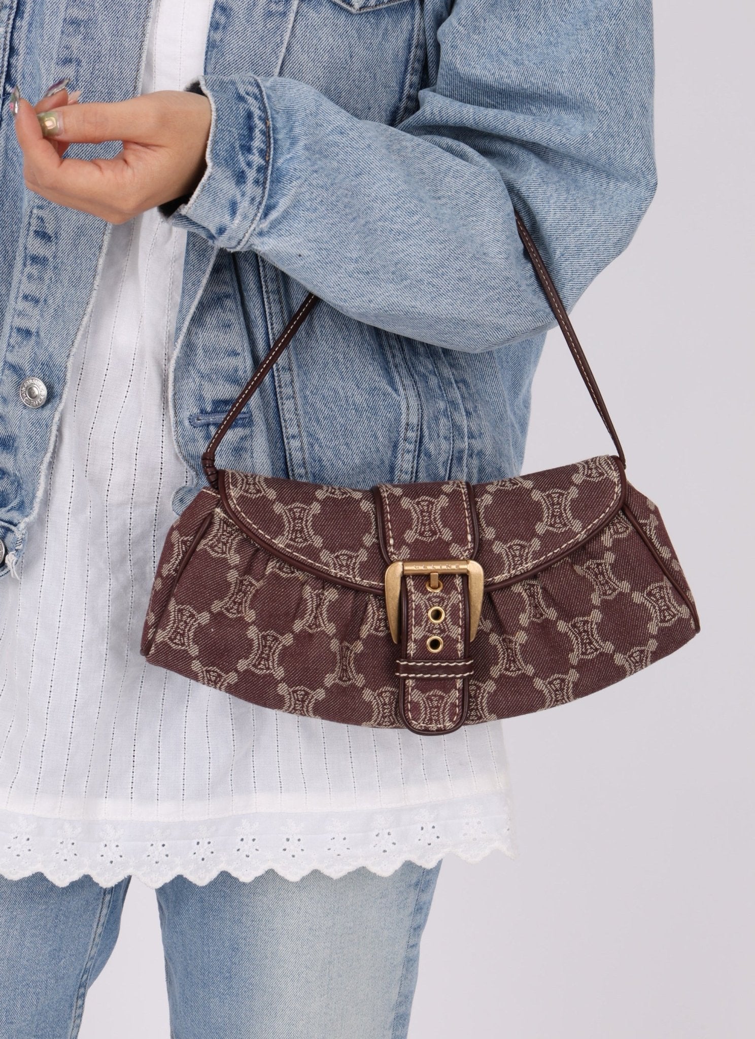 Celine Chocolate Denim Triomphe Ava Shoulder Bag - FashioNica