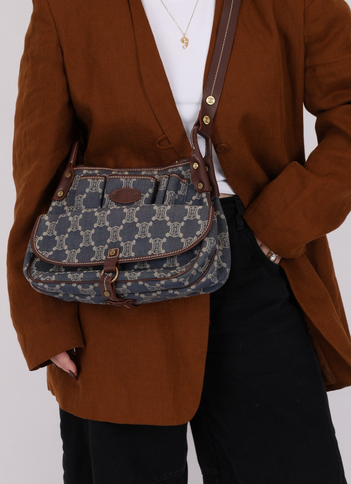 Celine Denim Triomphe Front Pocket Shoulder Bag - FashioNica