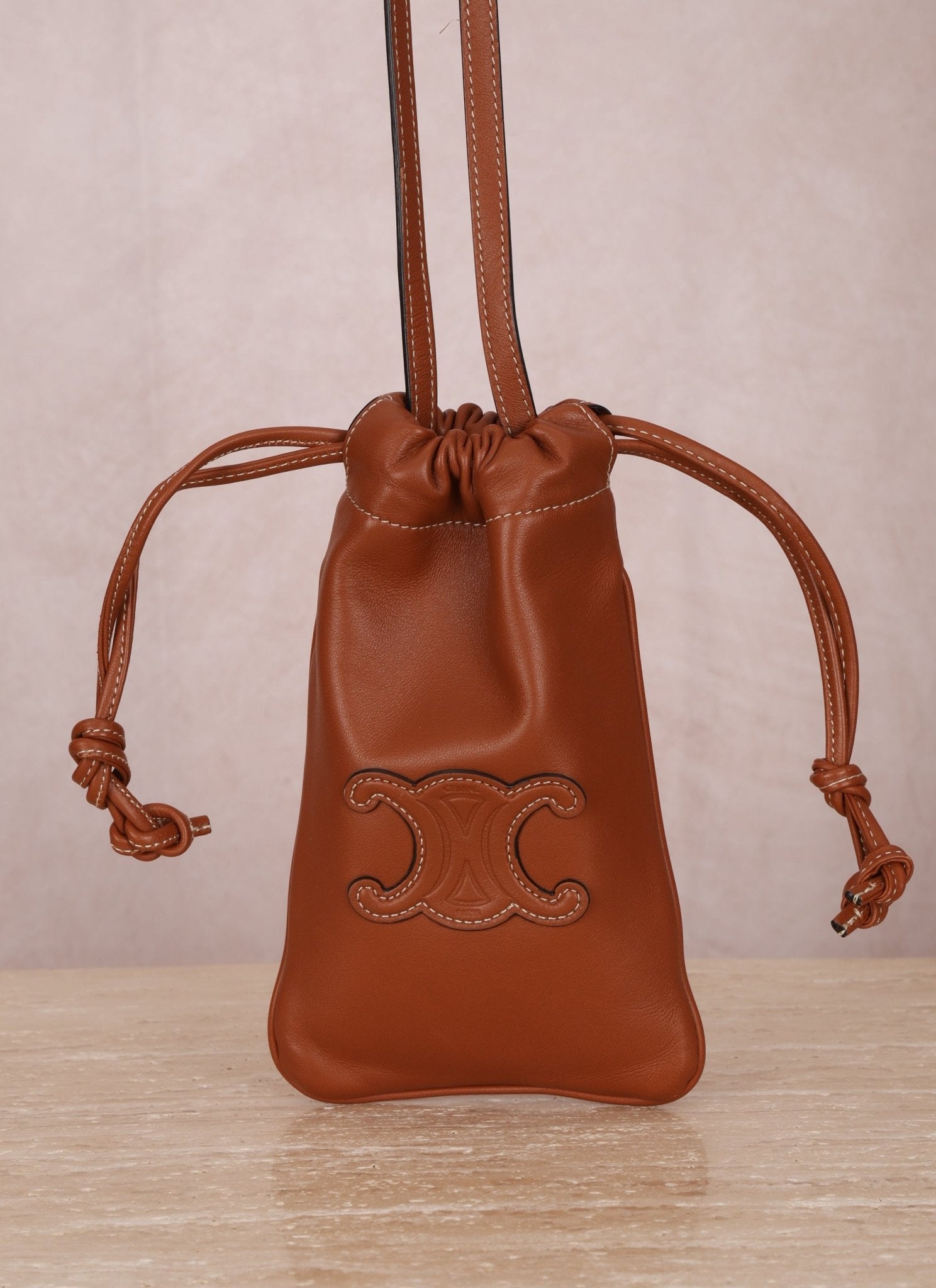 Celine Drawstring Triomphe Leather Pouch Crossbody - FashioNica