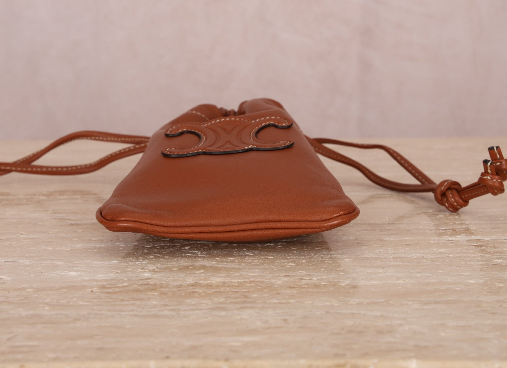 Celine Drawstring Triomphe Leather Pouch Crossbody - FashioNica