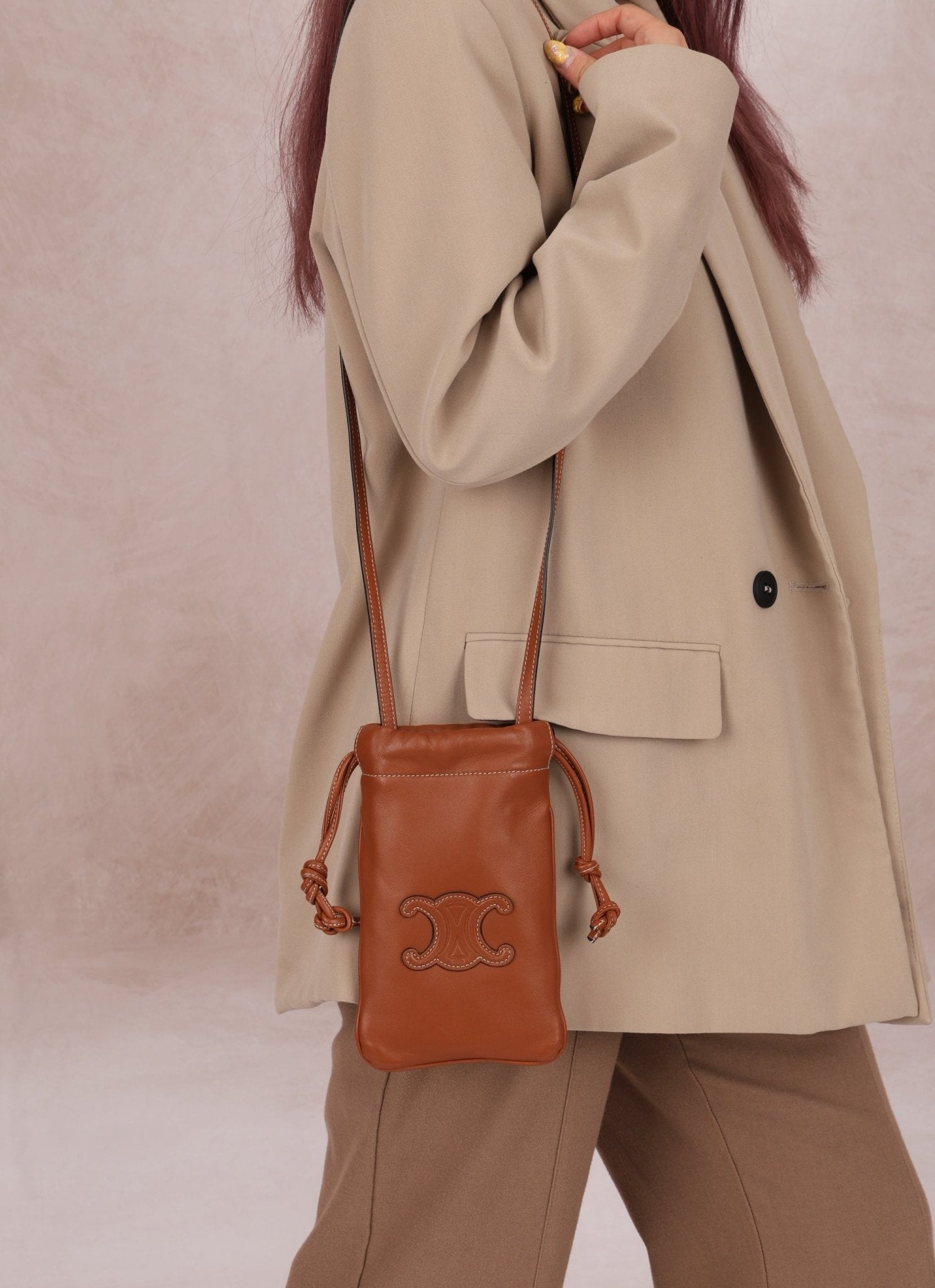 Celine Drawstring Triomphe Leather Pouch Crossbody - FashioNica