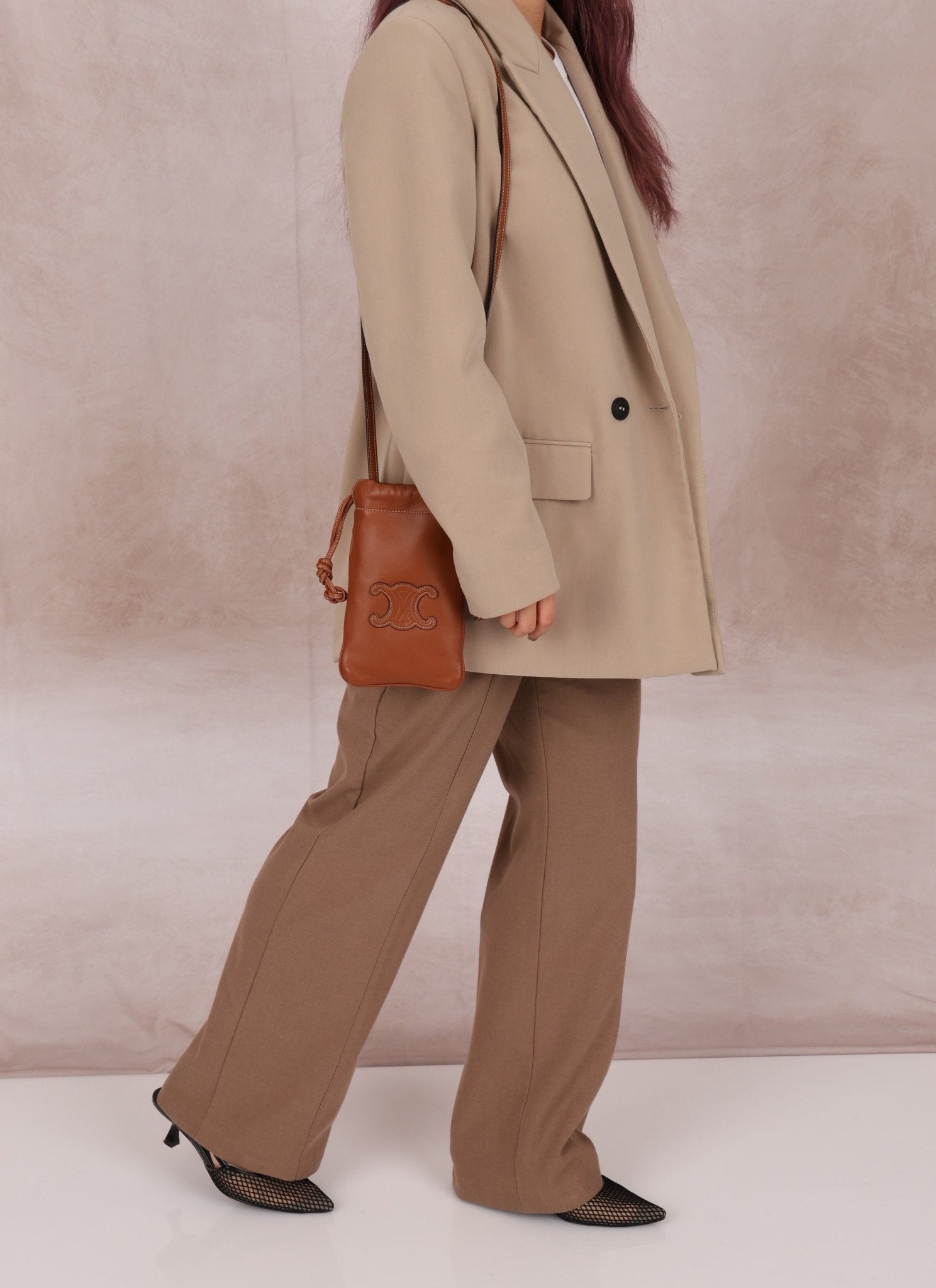 Celine Drawstring Triomphe Leather Pouch Crossbody - FashioNica