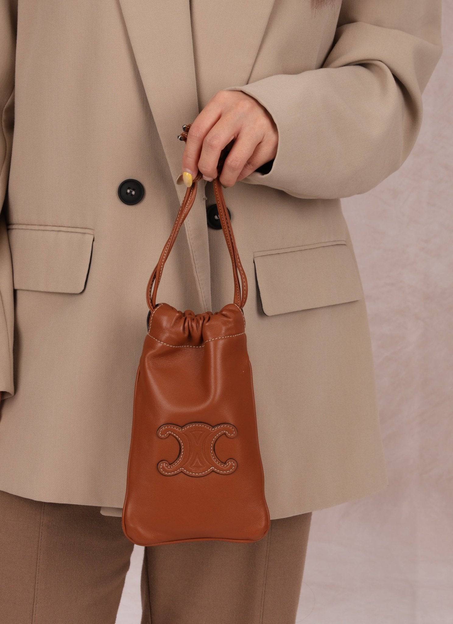 Celine Drawstring Triomphe Leather Pouch Crossbody - FashioNica