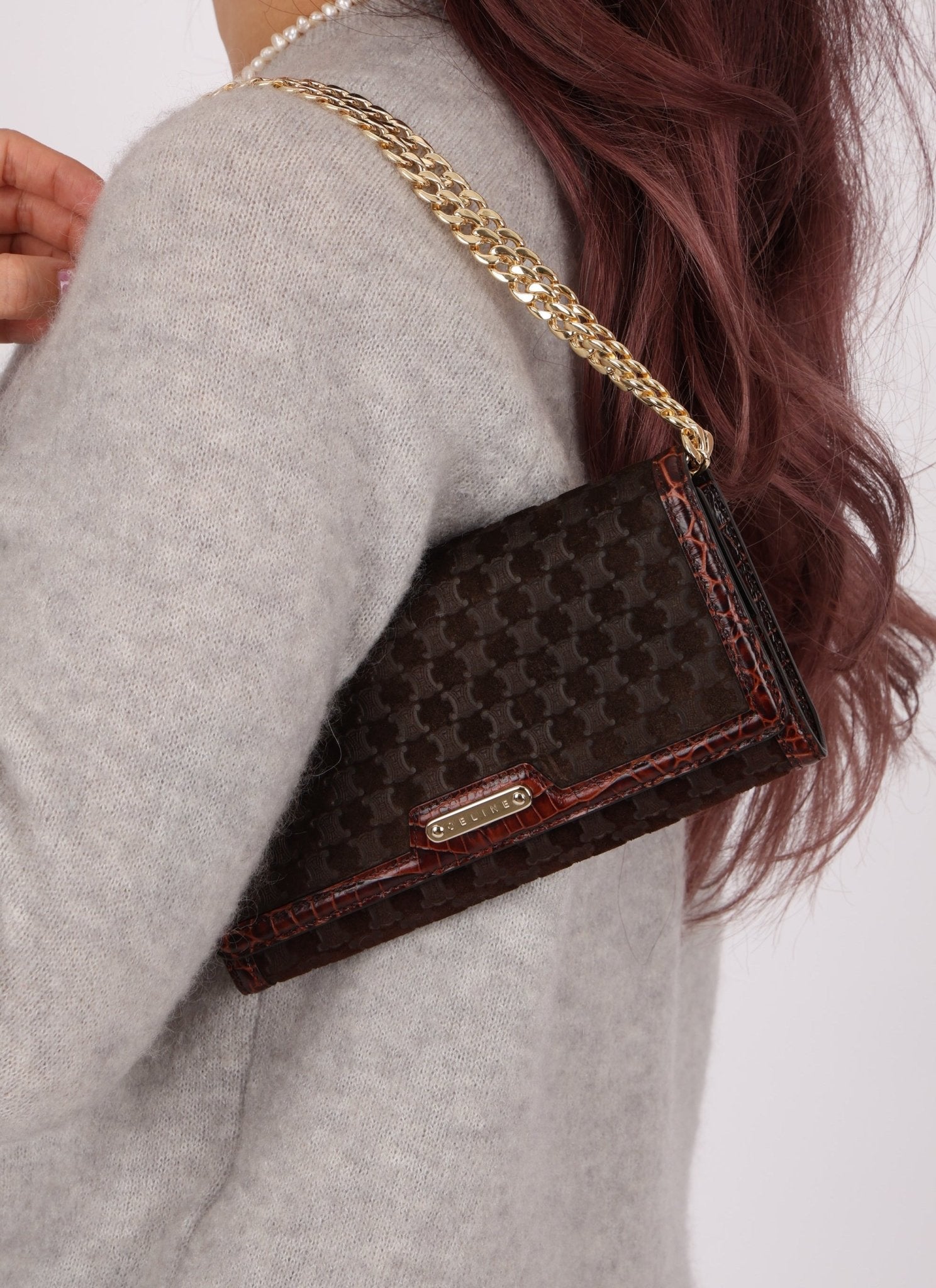 Celine Triomphe Suede & Croc Embossed Wallet - FashioNica