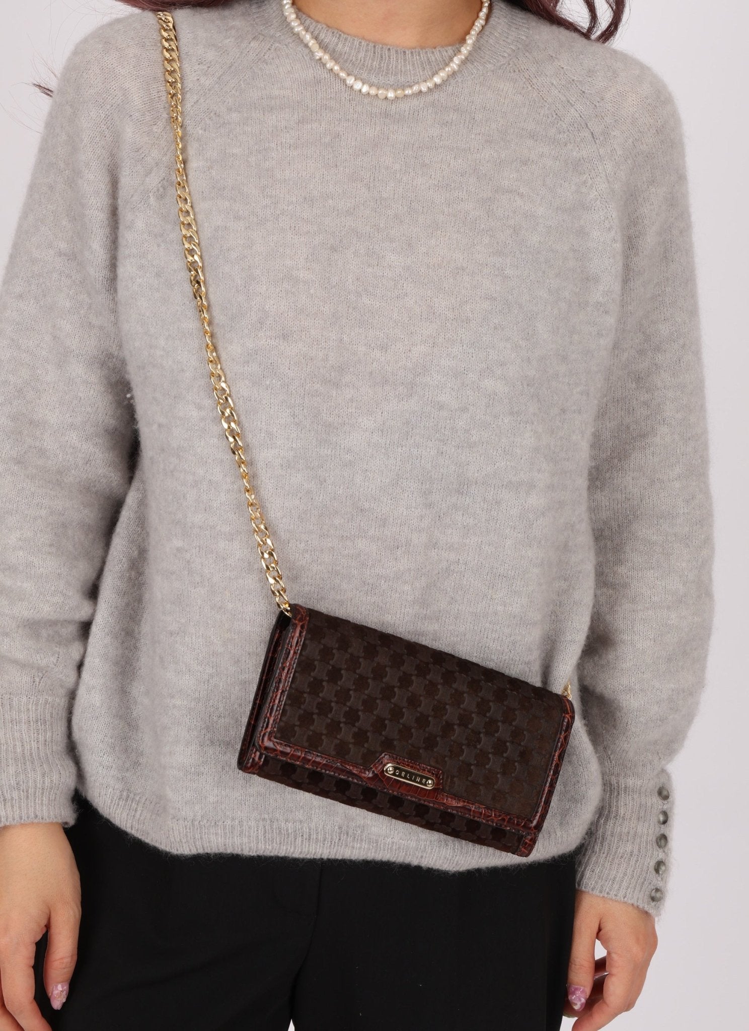 Celine Triomphe Suede & Croc Embossed Wallet - FashioNica