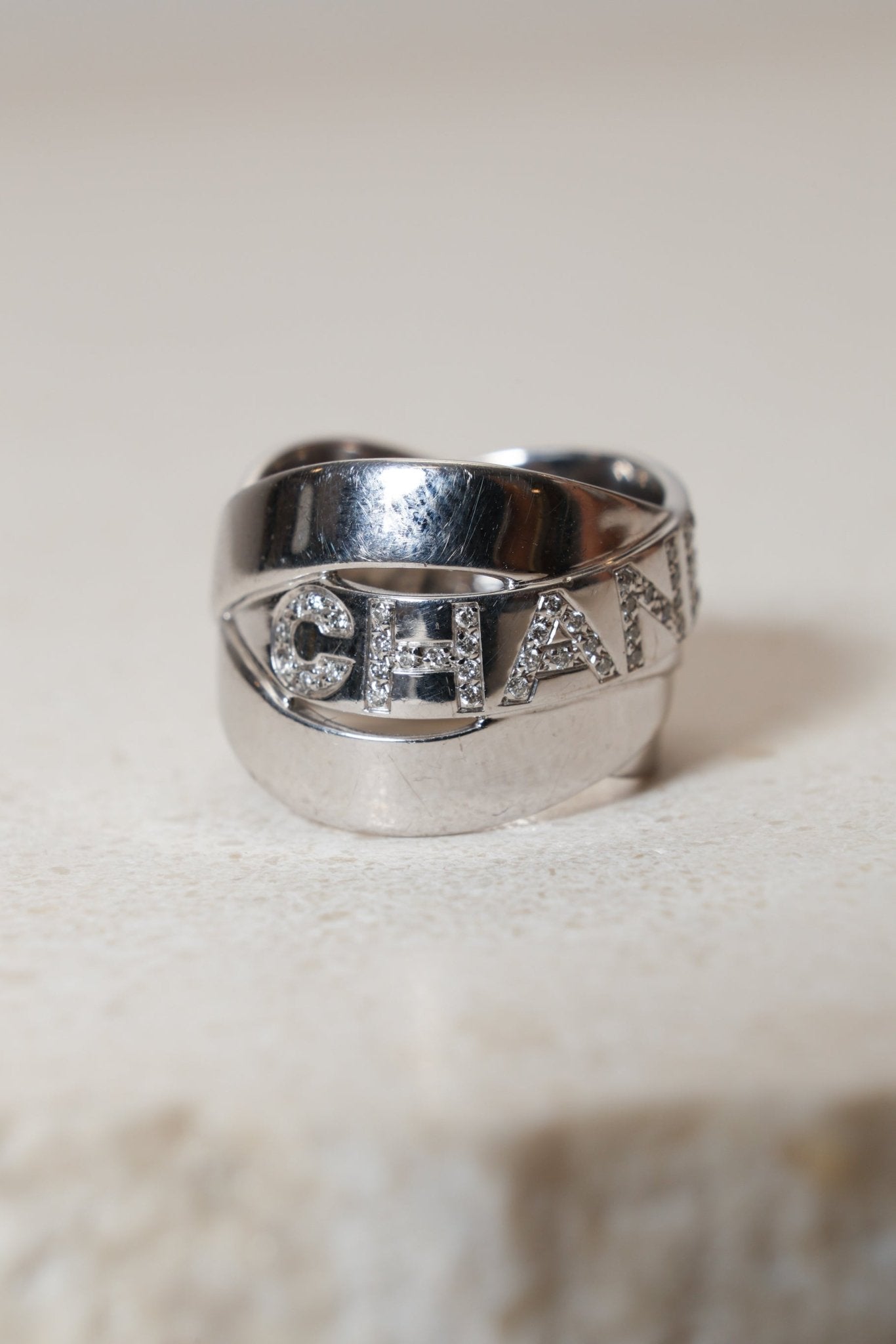 Chanel 18K Bolduc White Gold Diamond Wavy Logo Ring - FashioNica