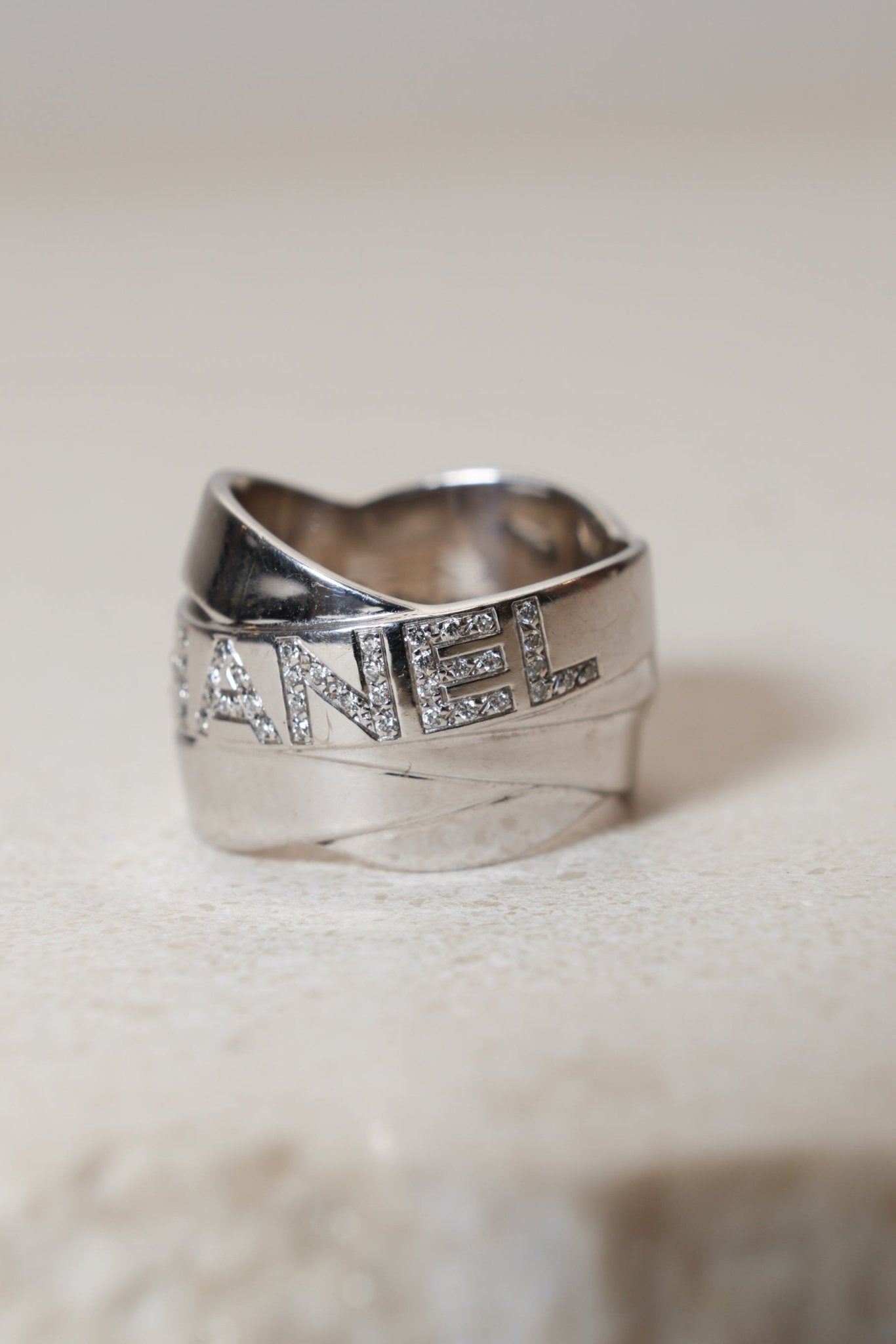 Chanel 18K Bolduc White Gold Diamond Wavy Logo Ring - FashioNica