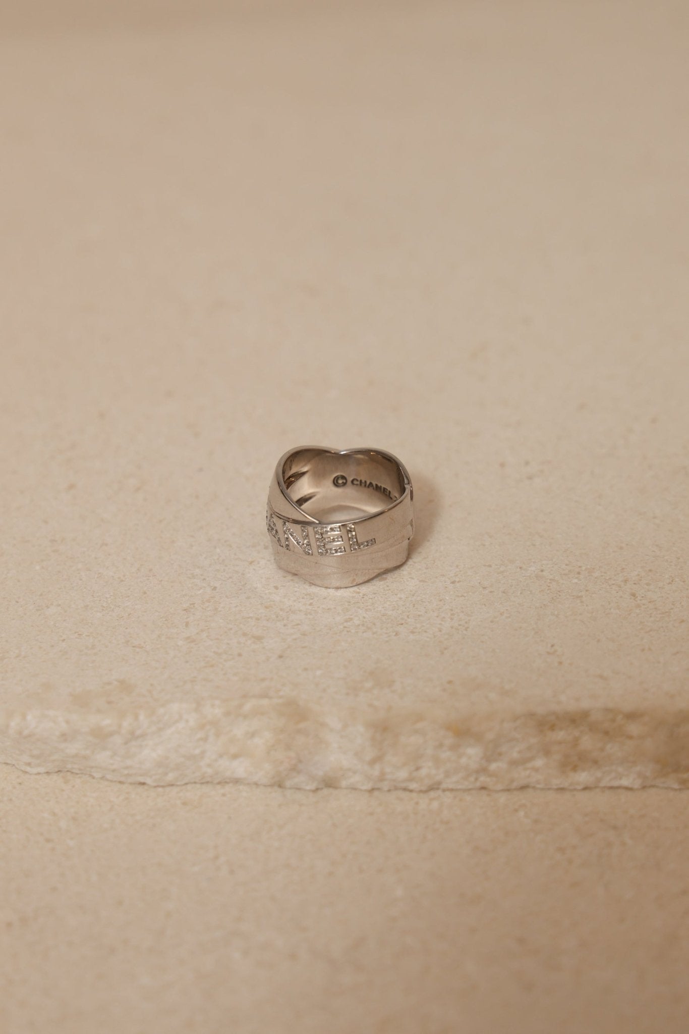 Chanel 18K Bolduc White Gold Diamond Wavy Logo Ring - FashioNica