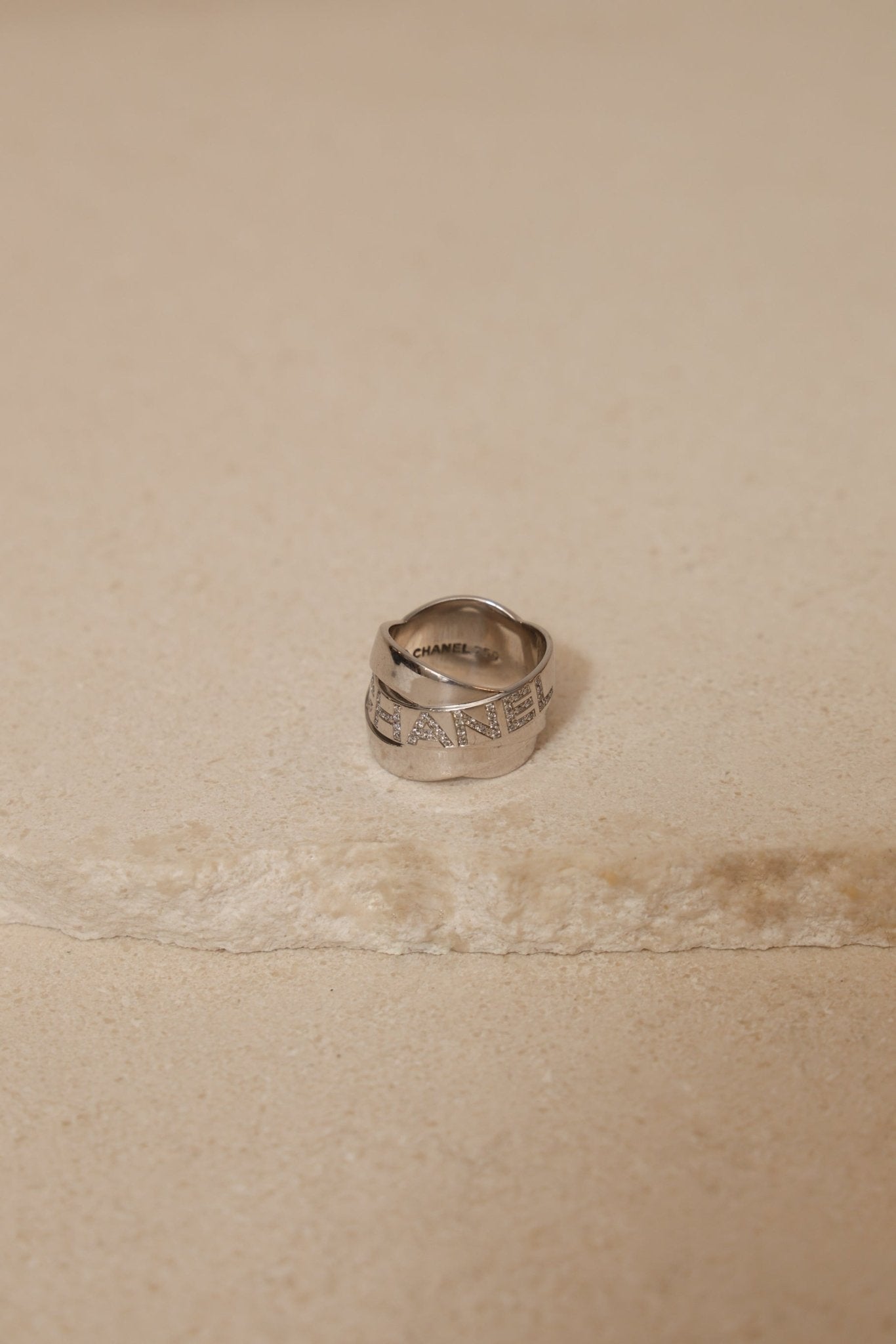 Chanel 18K Bolduc White Gold Diamond Wavy Logo Ring - FashioNica