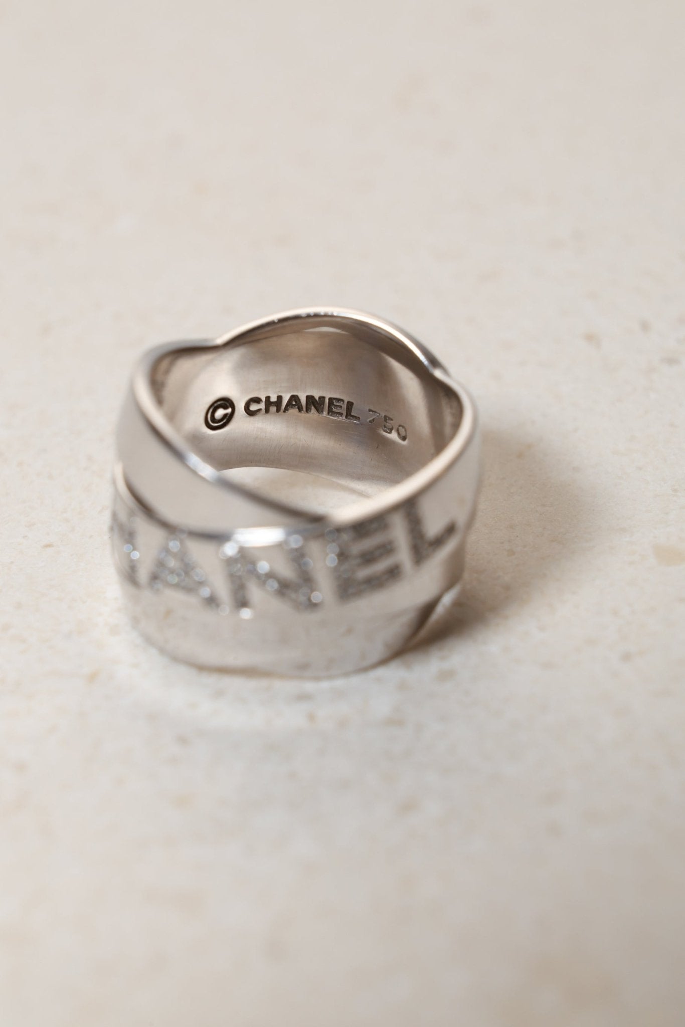 Chanel 18K Bolduc White Gold Diamond Wavy Logo Ring - FashioNica