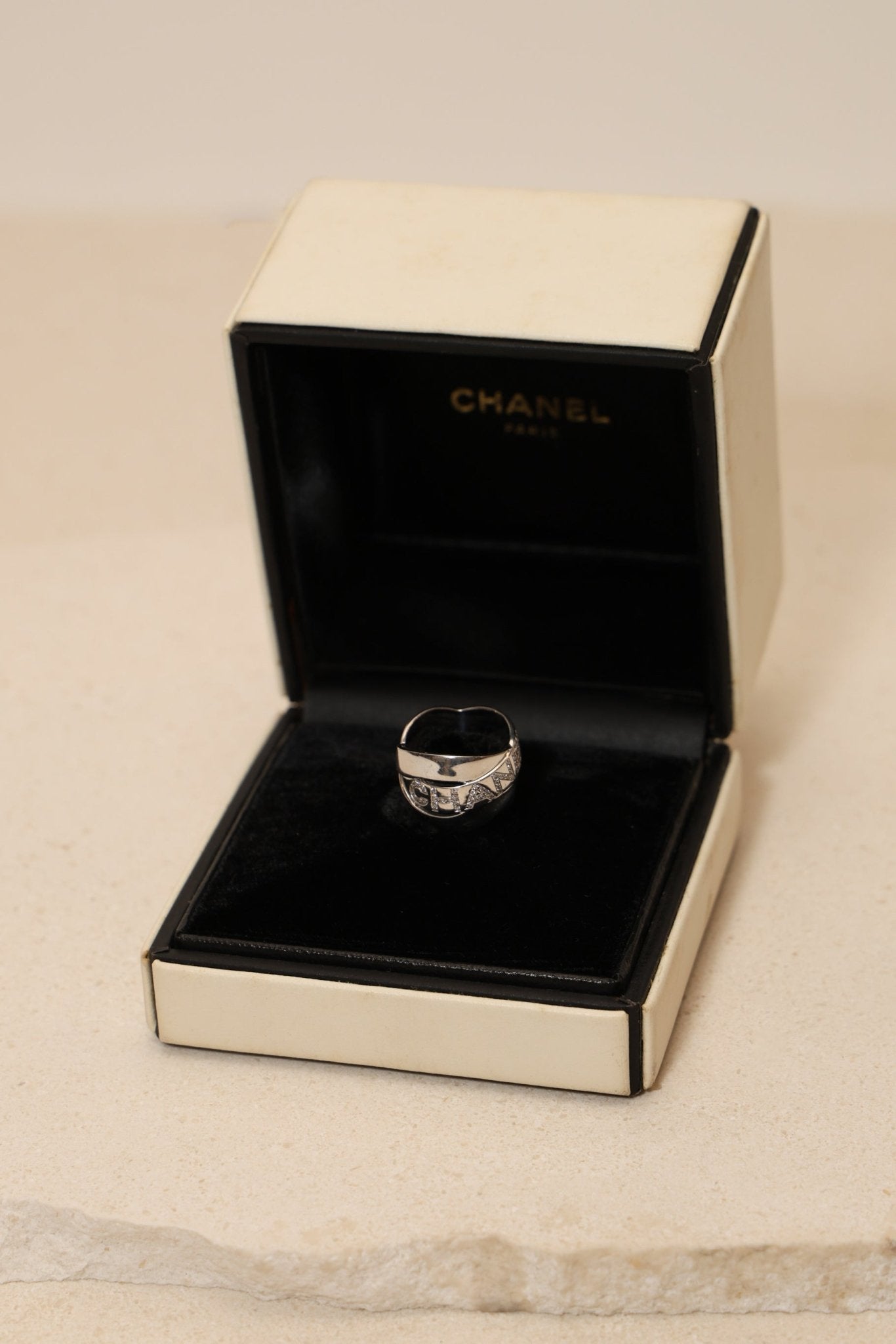 Chanel 18K Bolduc White Gold Diamond Wavy Logo Ring - FashioNica
