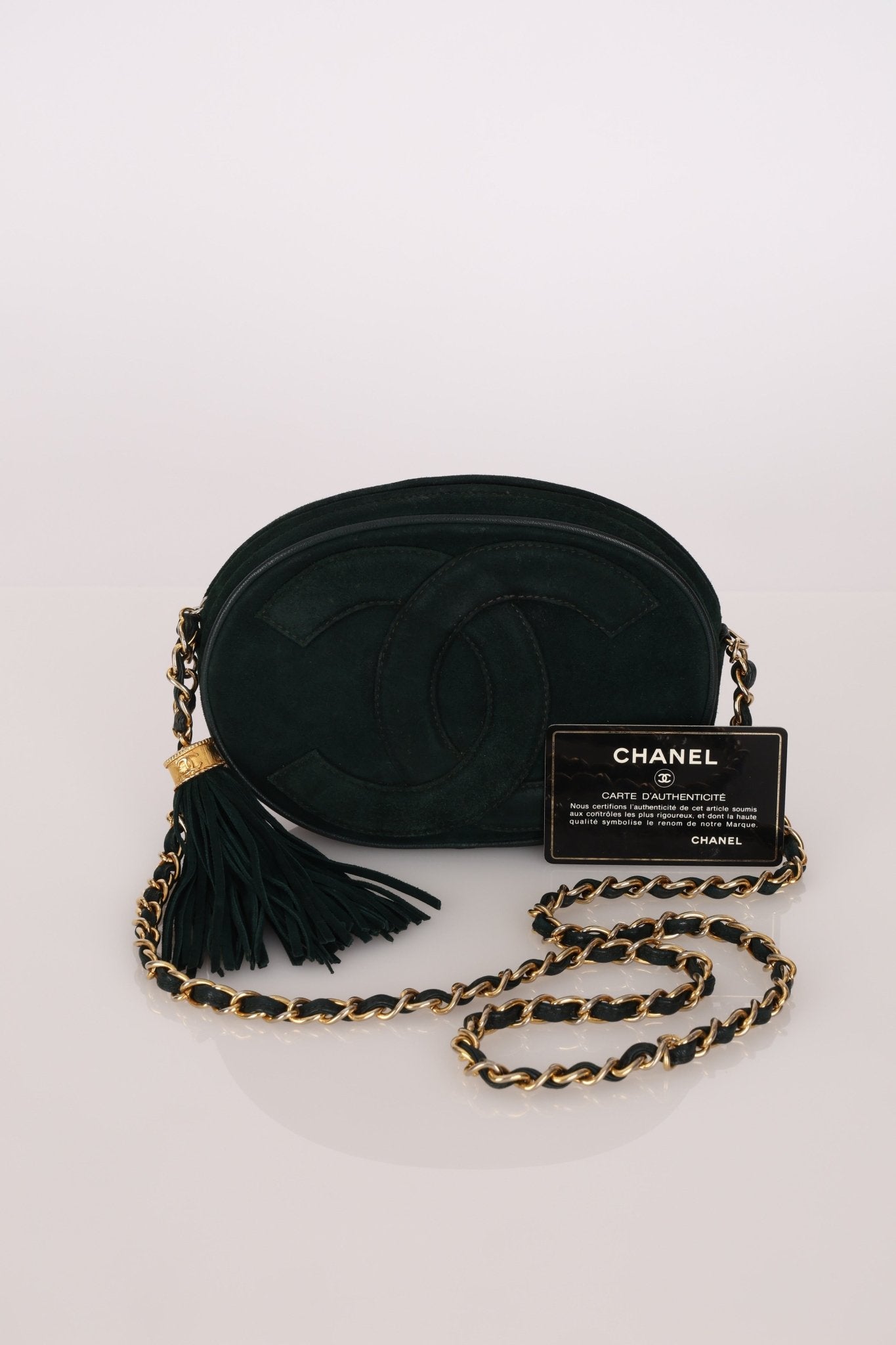 Chanel 1988 Green Suede Oval Tassel Camera Bag 24K GP - FashioNica