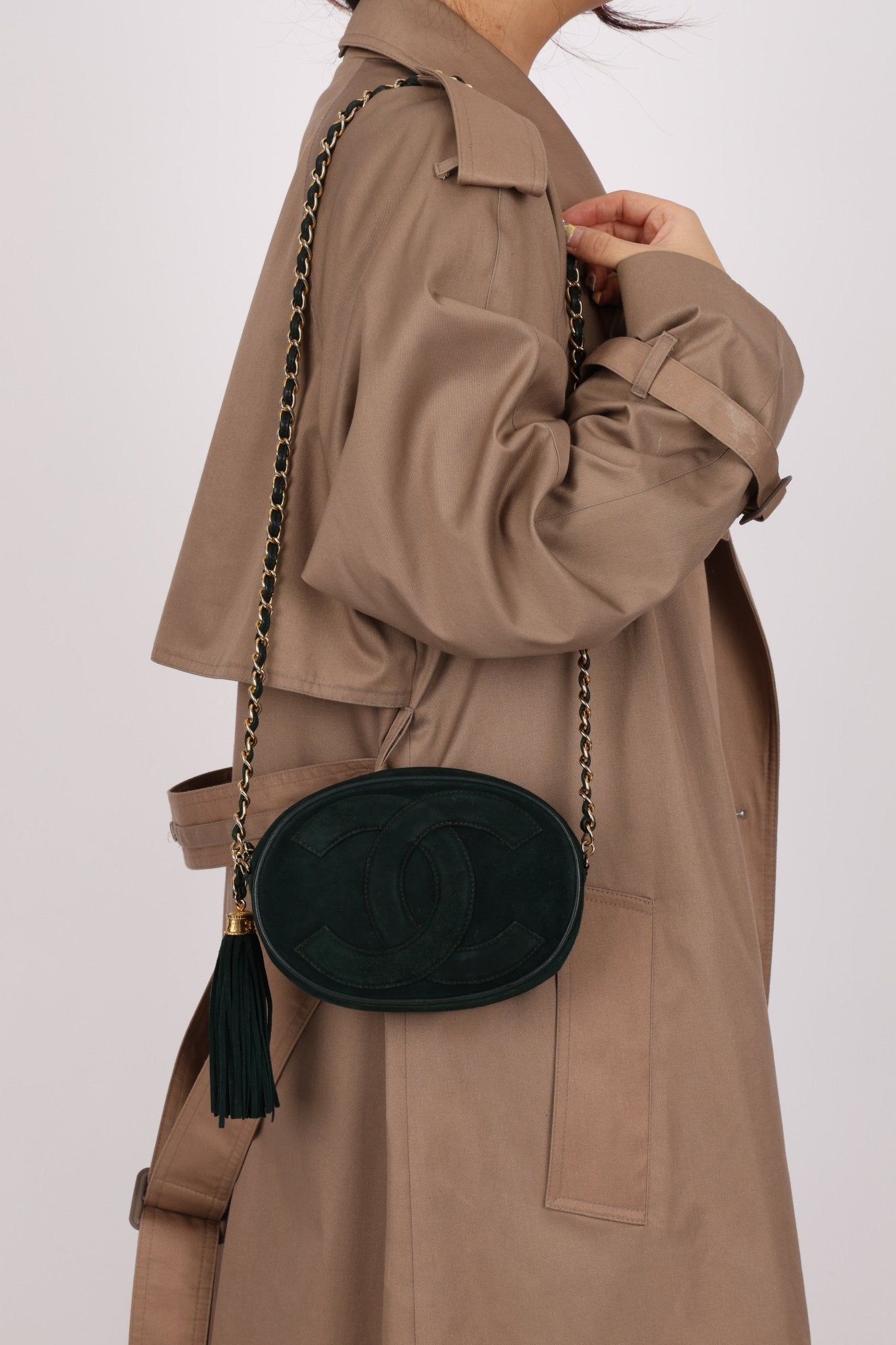 Chanel 1988 Green Suede Oval Tassel Camera Bag 24K GP - FashioNica