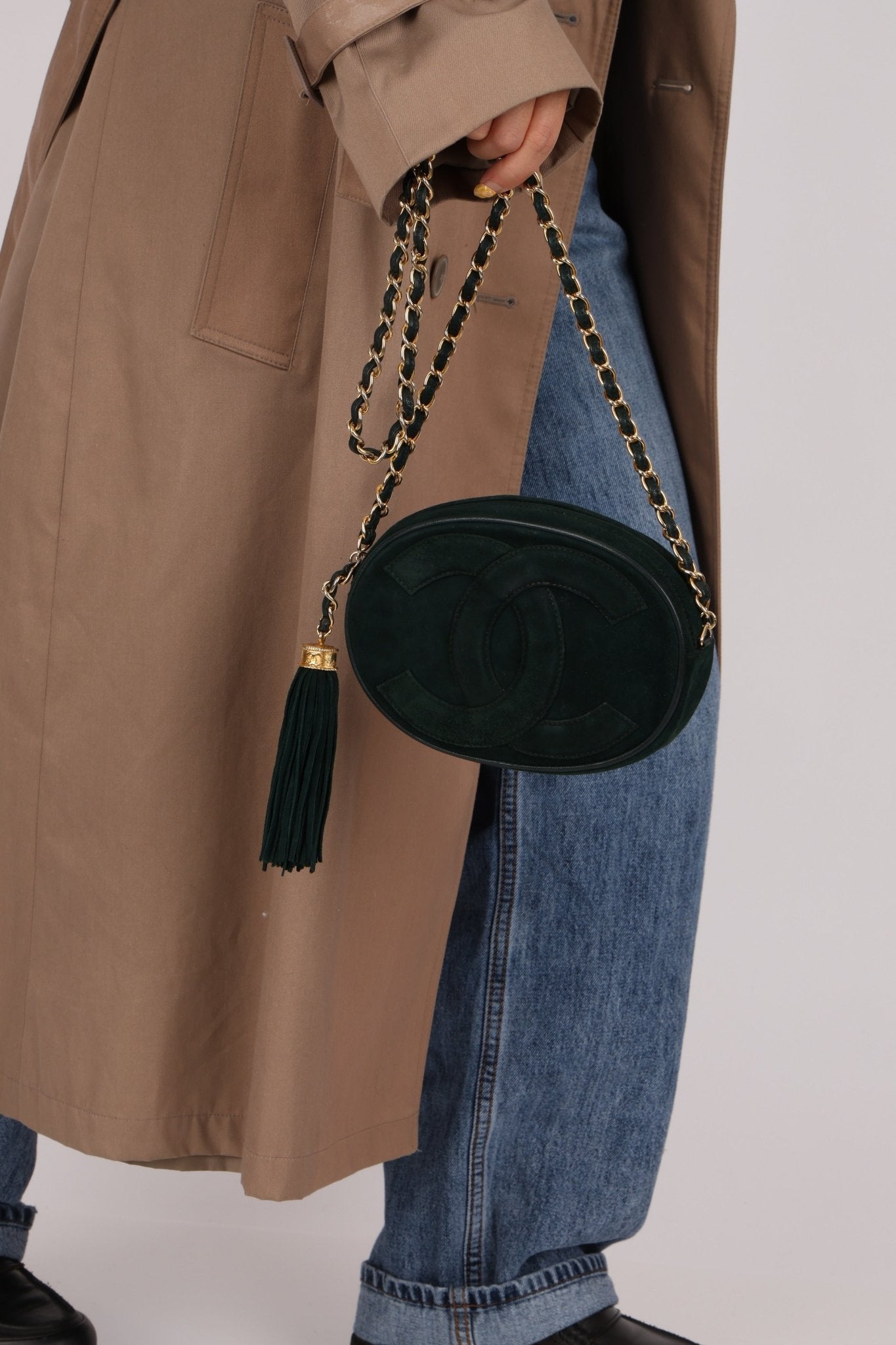 Chanel 1988 Green Suede Oval Tassel Camera Bag 24K GP - FashioNica