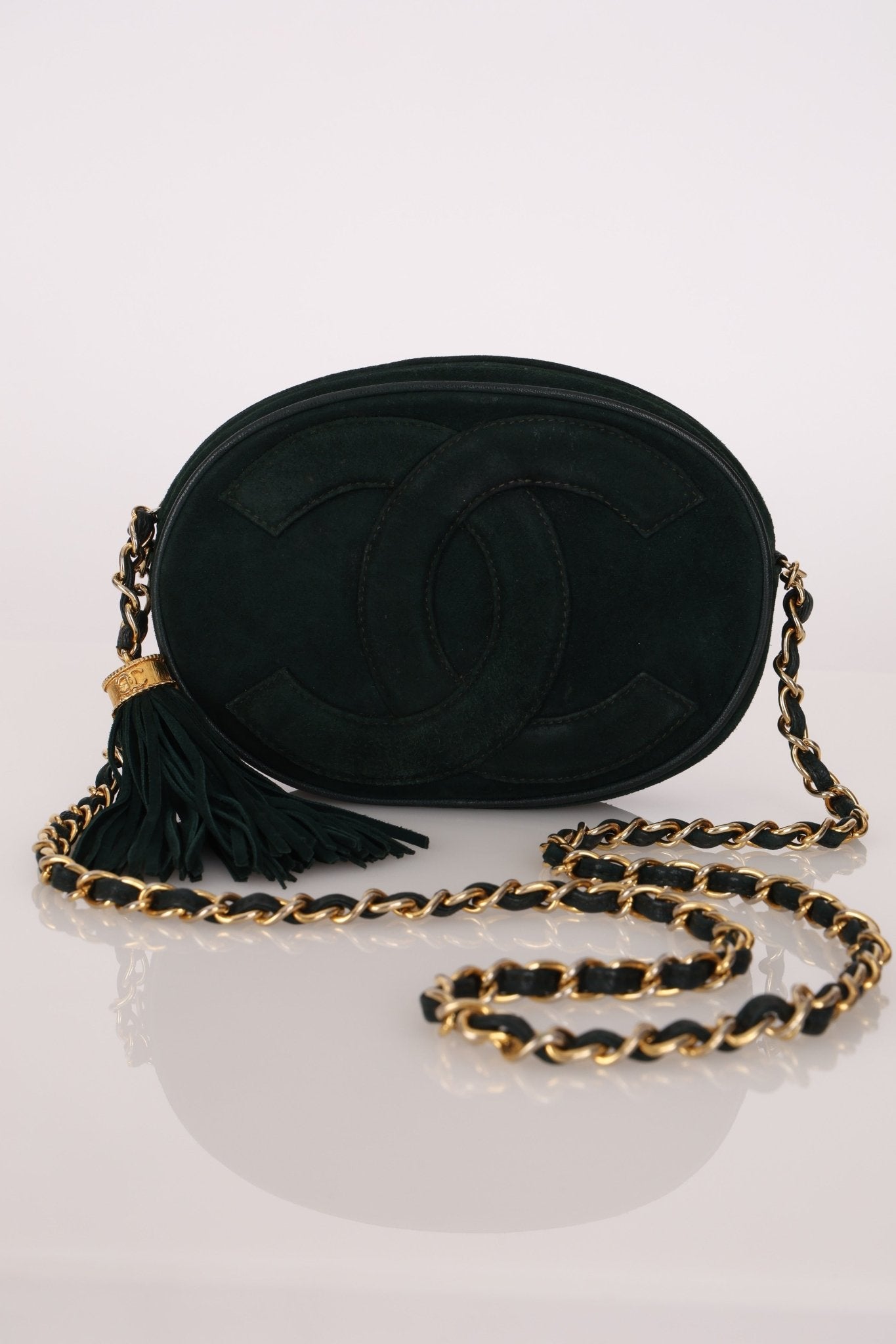 Chanel 1988 Green Suede Oval Tassel Camera Bag 24K GP - FashioNica