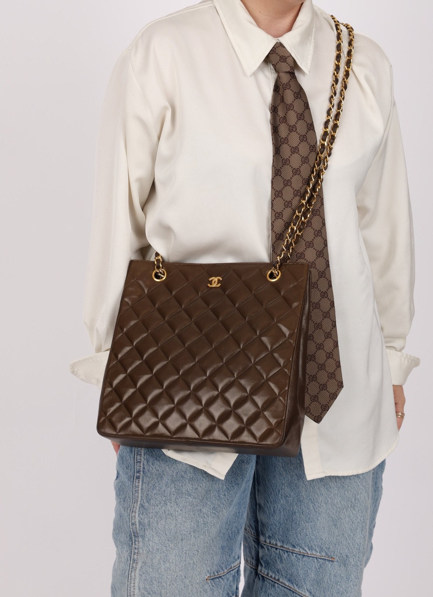 Chanel 1989 Chocolate Lambskin Chain Tote - FashioNica