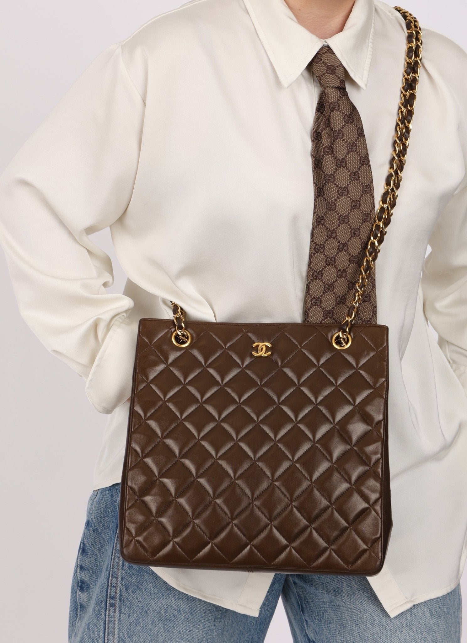 Chanel 1989 Chocolate Lambskin Chain Tote - FashioNica