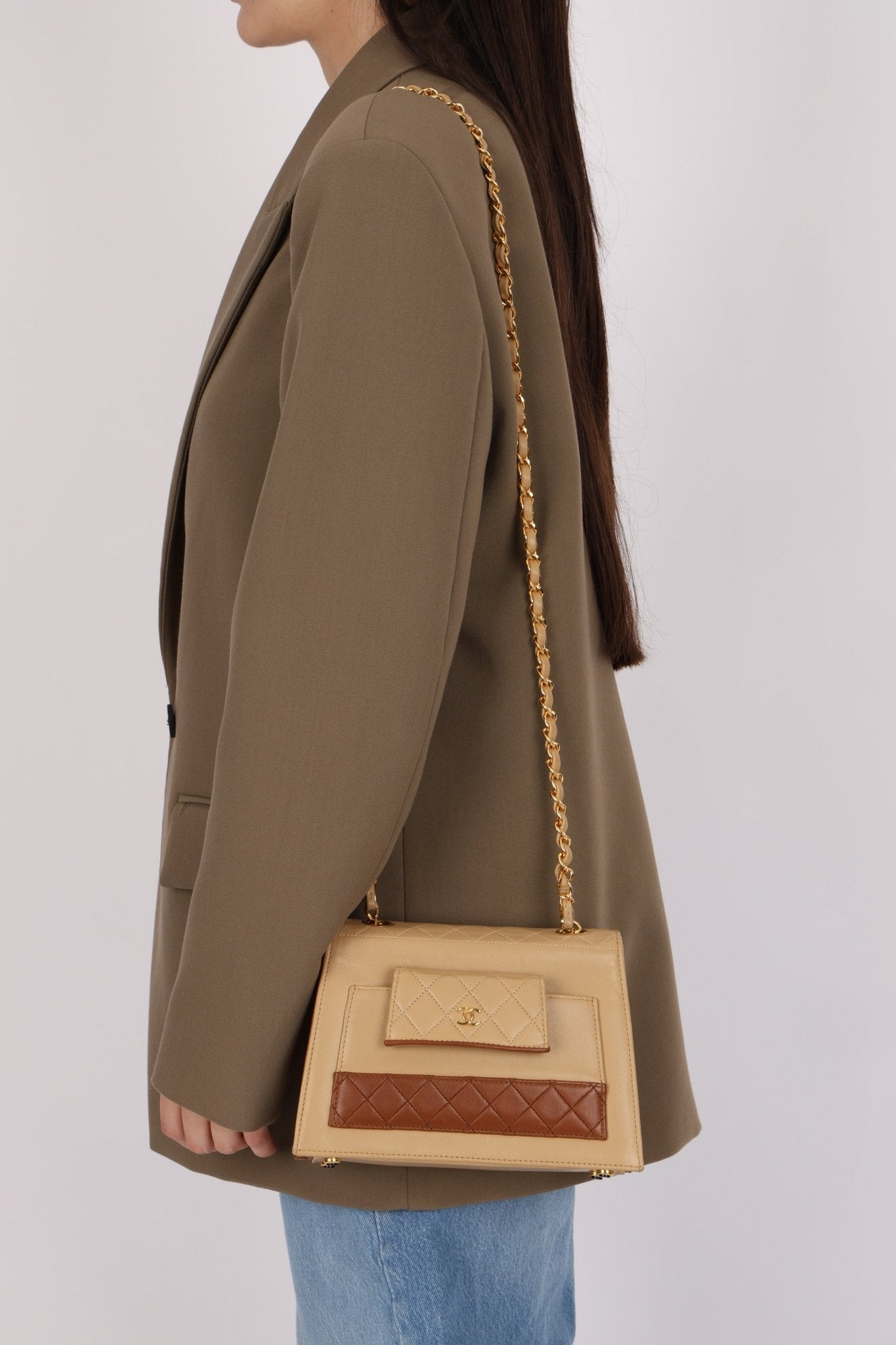 Chanel 1989 Lambskin Two - Tone Trapezoid Single Flap w/ Cardholder - FashioNica