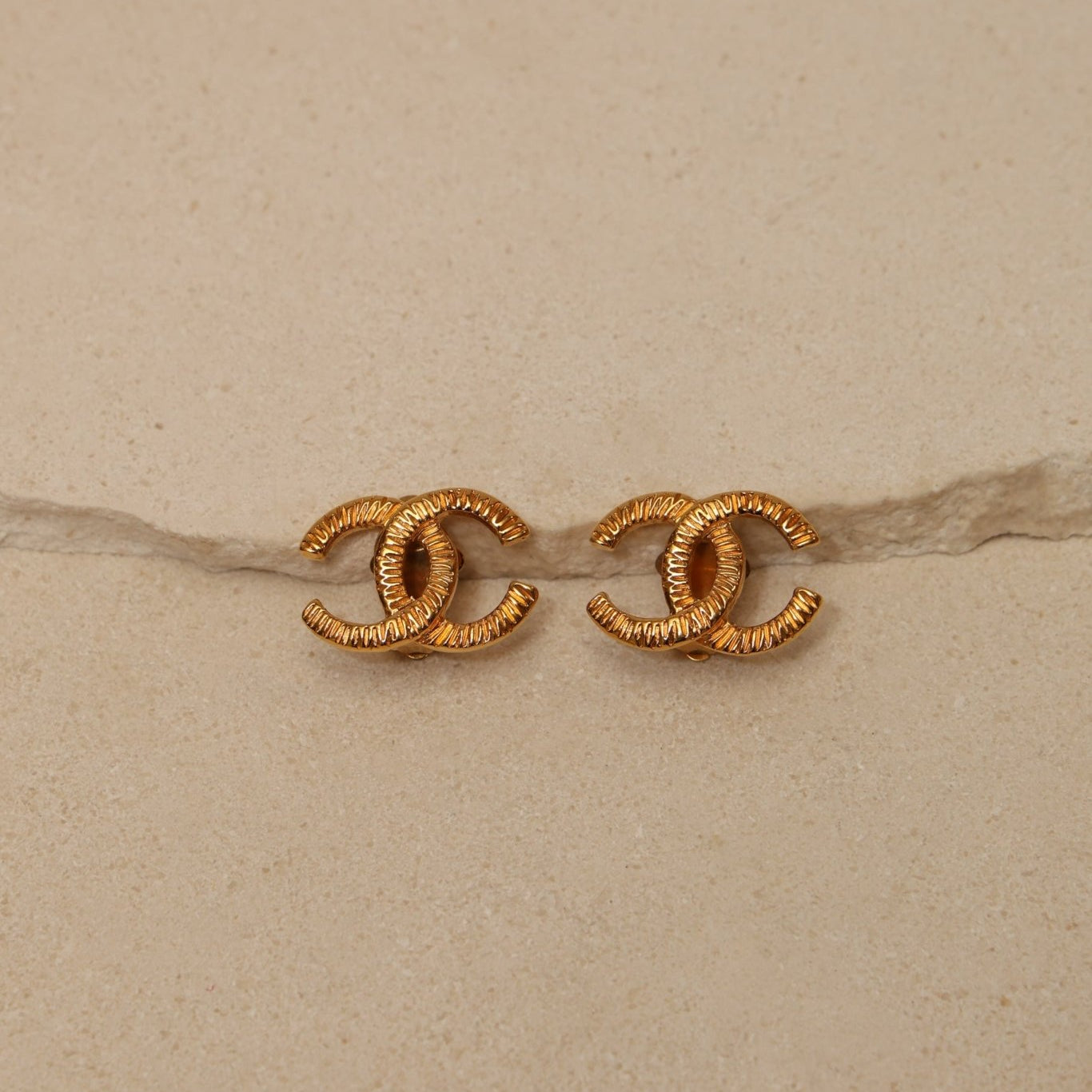 Chanel 1990 Ridged CC Clip - On Earrings 24K GP - FashioNica