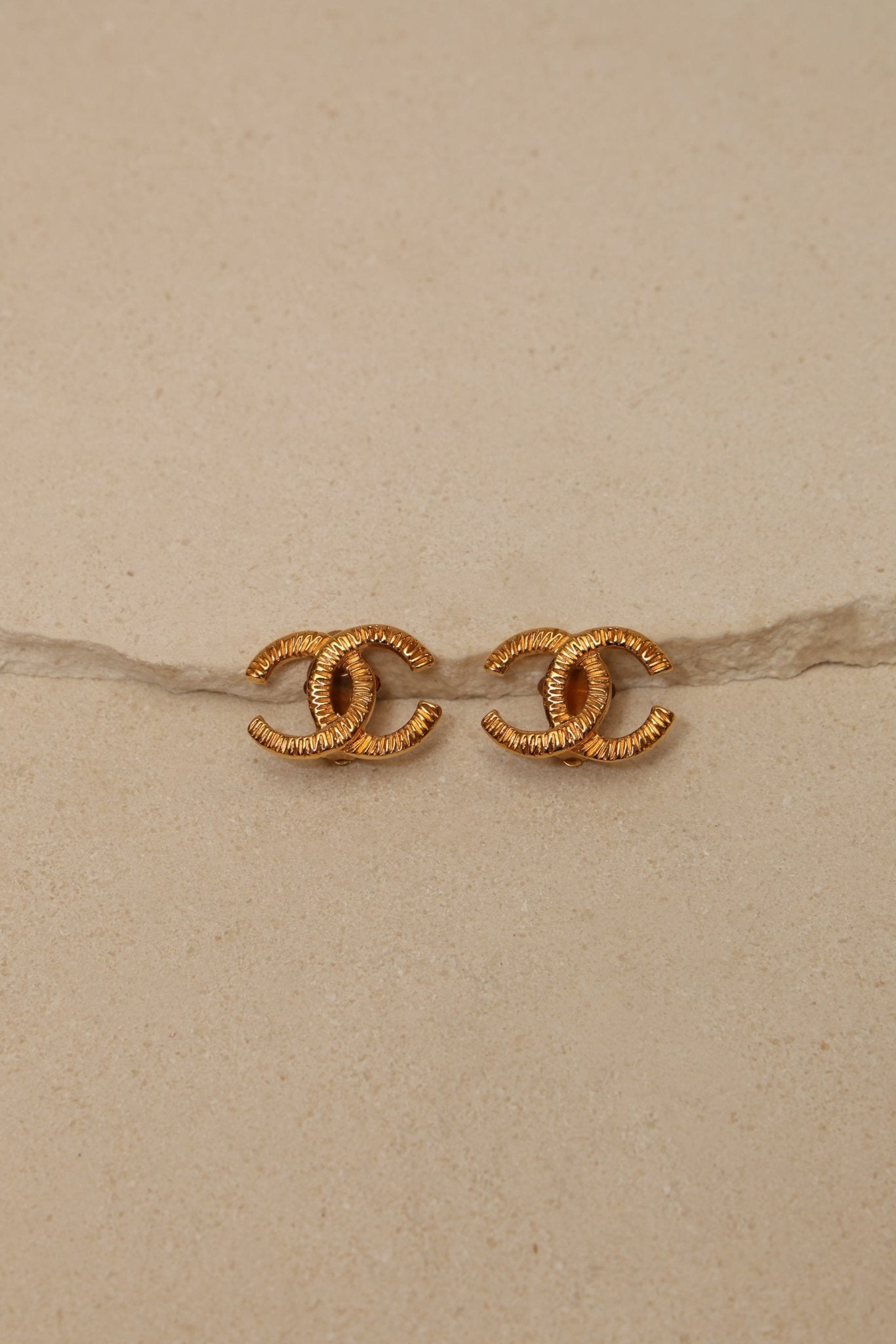 Chanel 1990 Ridged CC Clip - On Earrings 24K GP - FashioNica