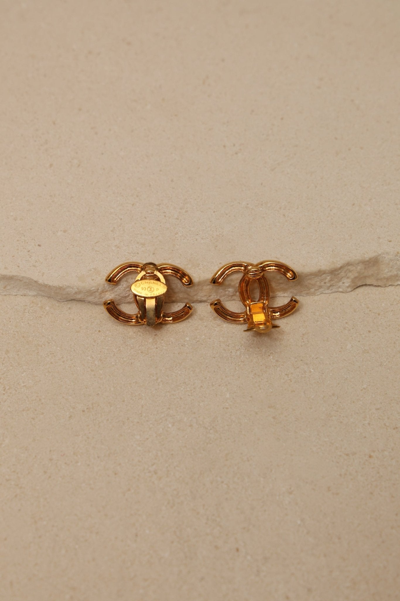 Chanel 1990 Ridged CC Clip - On Earrings 24K GP - FashioNica
