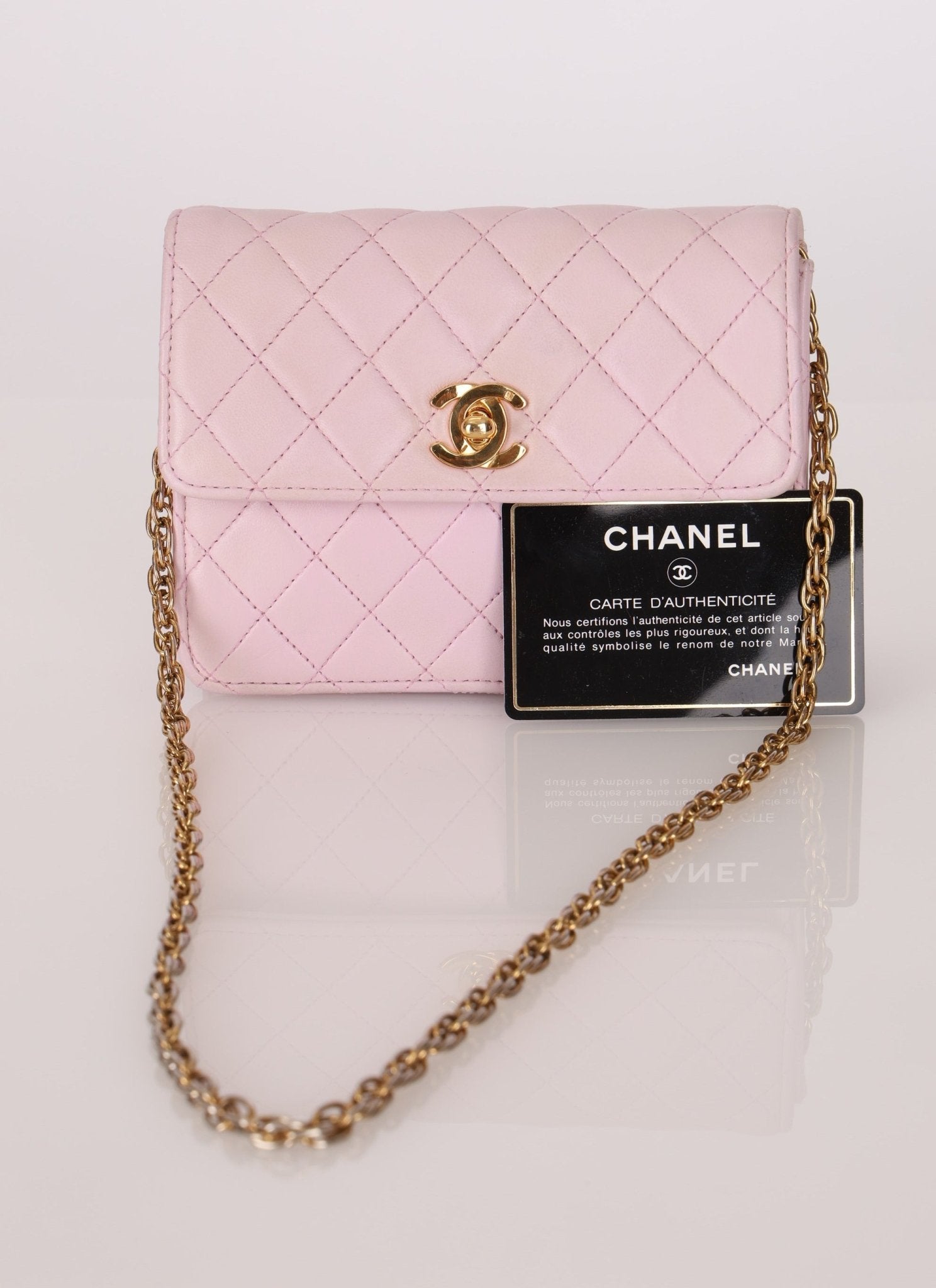 Chanel 1991 Baby Pink Lambskin Mini Square Flap 24K GP - FashioNica