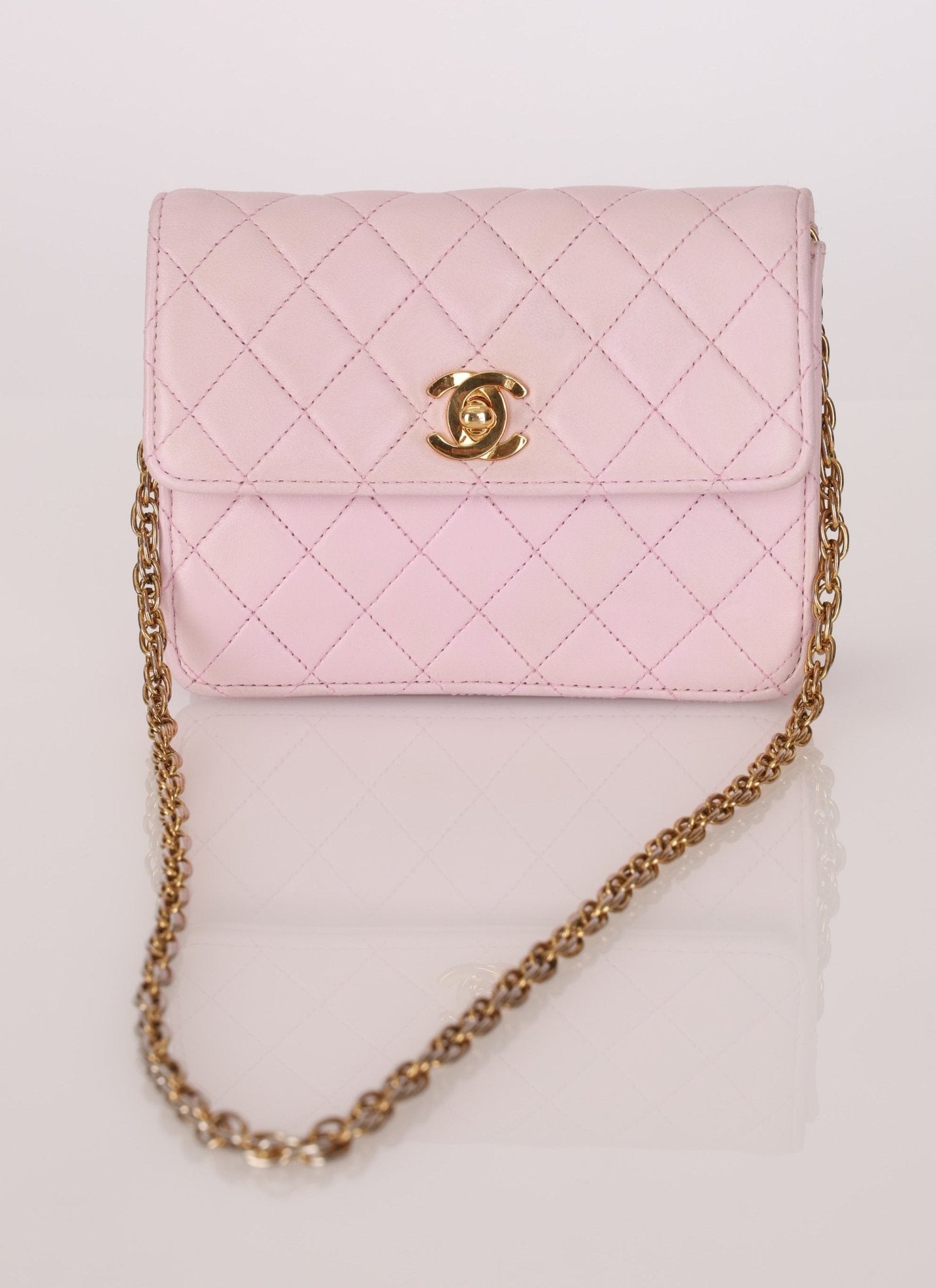 Chanel 1991 Baby Pink Lambskin Mini Square Flap 24K GP - FashioNica
