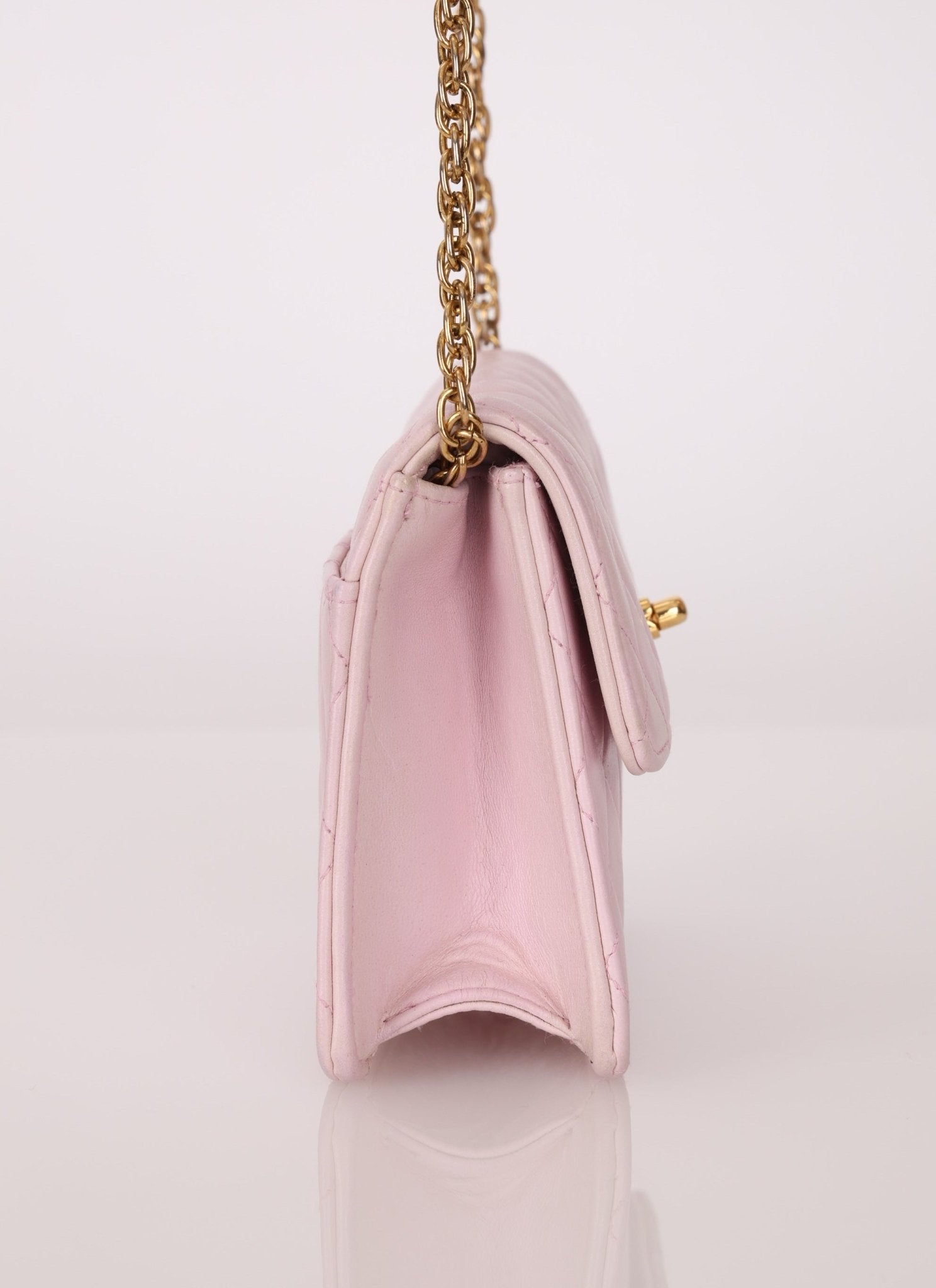 Chanel 1991 Baby Pink Lambskin Mini Square Flap 24K GP - FashioNica