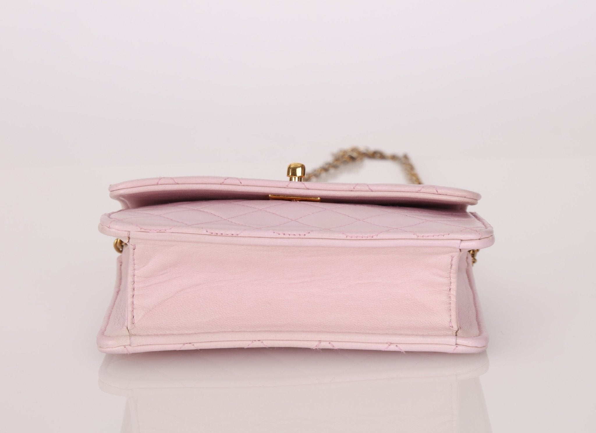 Chanel 1991 Baby Pink Lambskin Mini Square Flap 24K GP - FashioNica