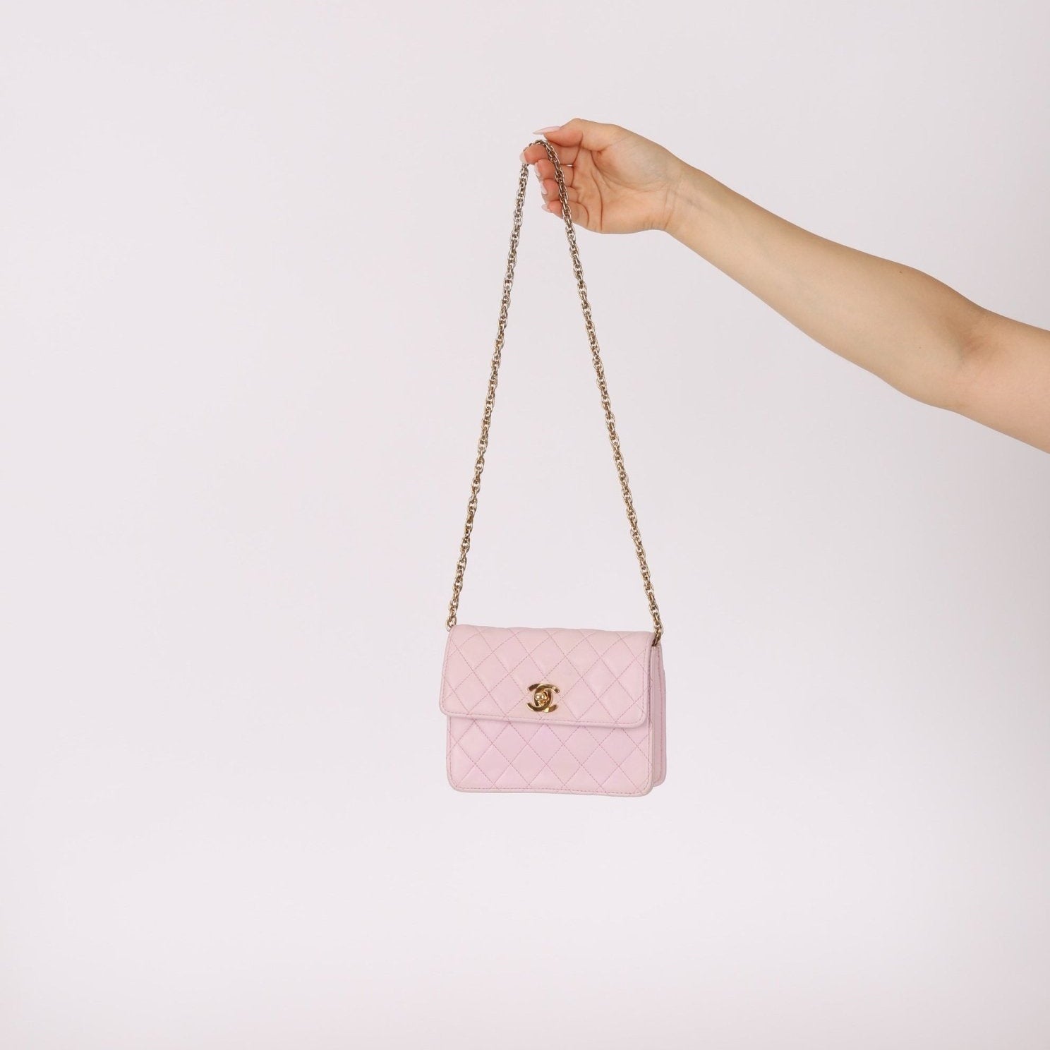 Chanel 1991 Baby Pink Lambskin Mini Square Flap 24K GP - FashioNica