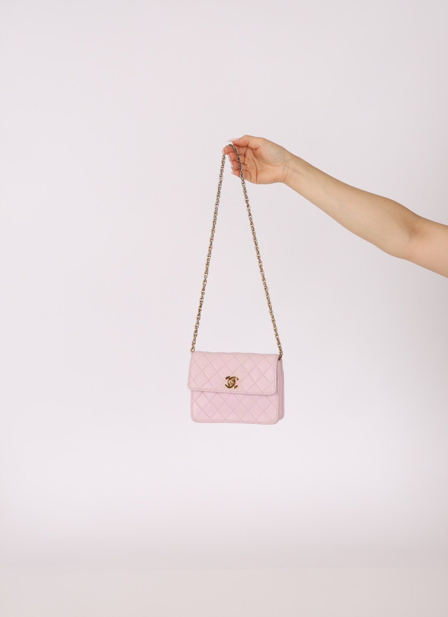 Chanel 1991 Baby Pink Lambskin Mini Square Flap 24K GP - FashioNica