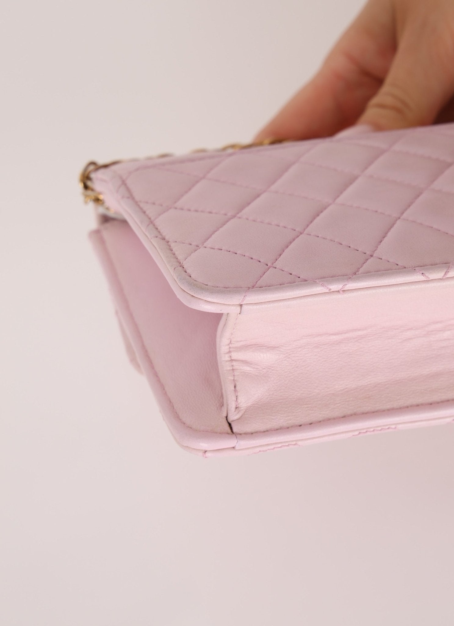 Chanel 1991 Baby Pink Lambskin Mini Square Flap 24K GP - FashioNica