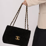 Chanel 1991 Black Suede XL Turnlock Jumbo Classic Flap 24K GP - FashioNica