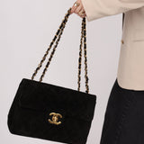 Chanel 1991 Black Suede XL Turnlock Jumbo Classic Flap 24K GP - FashioNica