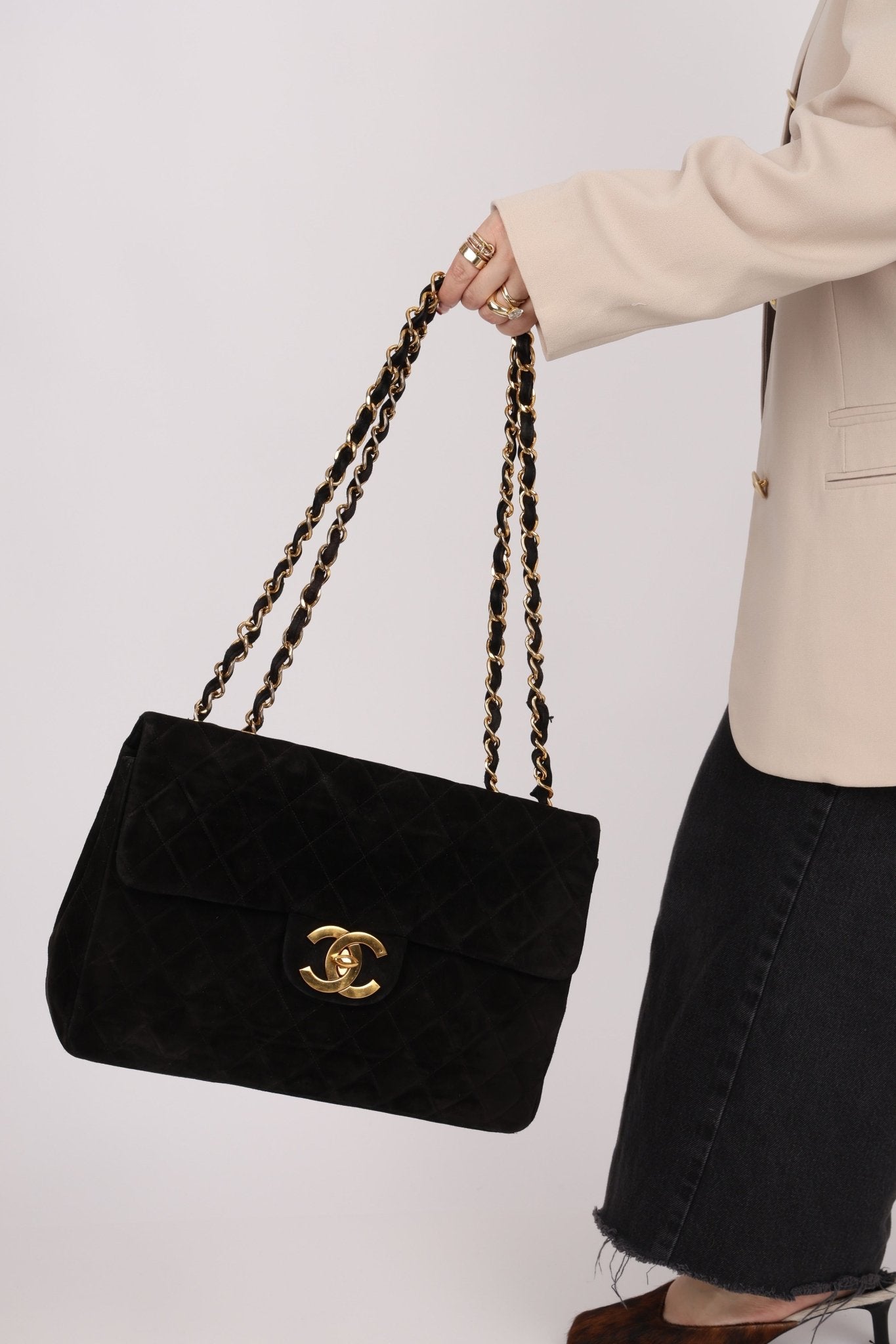 Chanel 1991 Black Suede XL Turnlock Jumbo Classic Flap 24K GP - FashioNica