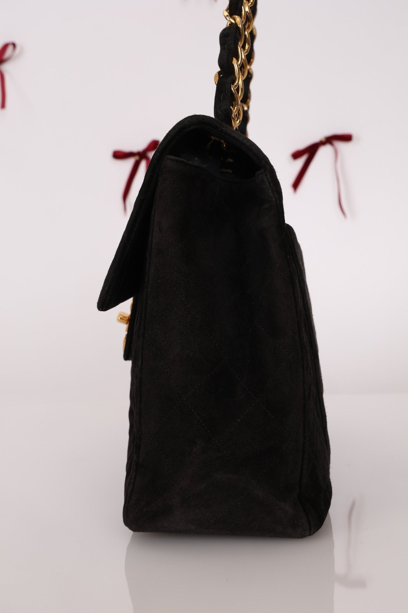 Chanel 1991 Black Suede XL Turnlock Jumbo Classic Flap 24K GP - FashioNica