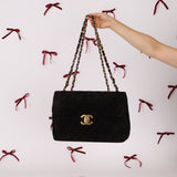 Chanel 1991 Black Suede XL Turnlock Jumbo Classic Flap 24K GP - FashioNica