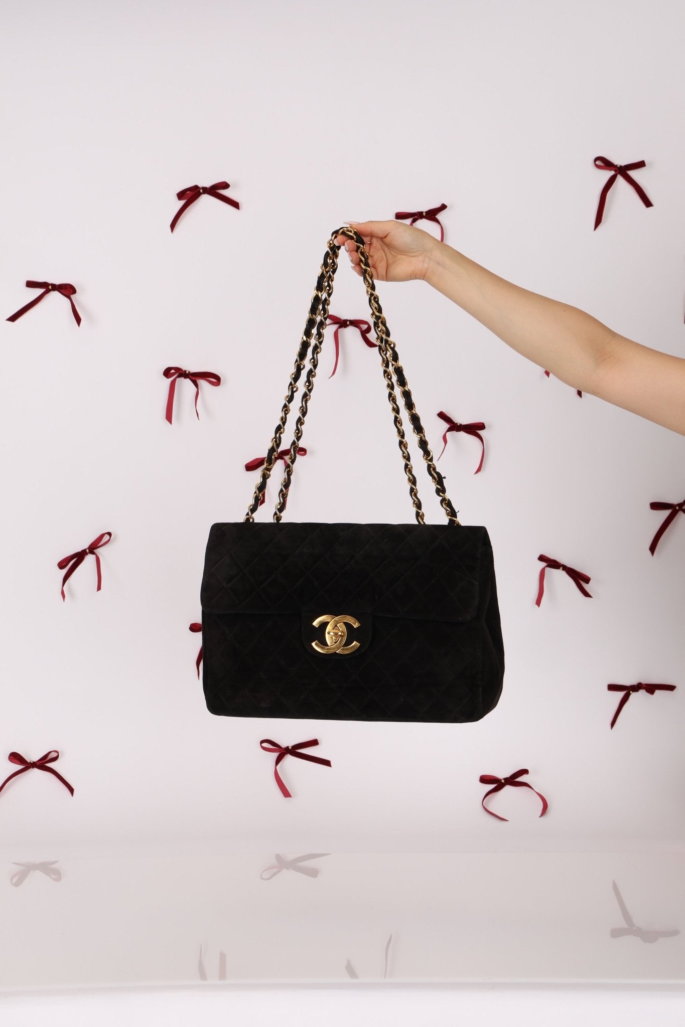 Chanel 1991 Black Suede XL Turnlock Jumbo Classic Flap 24K GP - FashioNica