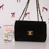 Chanel 1991 Black Suede XL Turnlock Jumbo Classic Flap 24K GP - FashioNica
