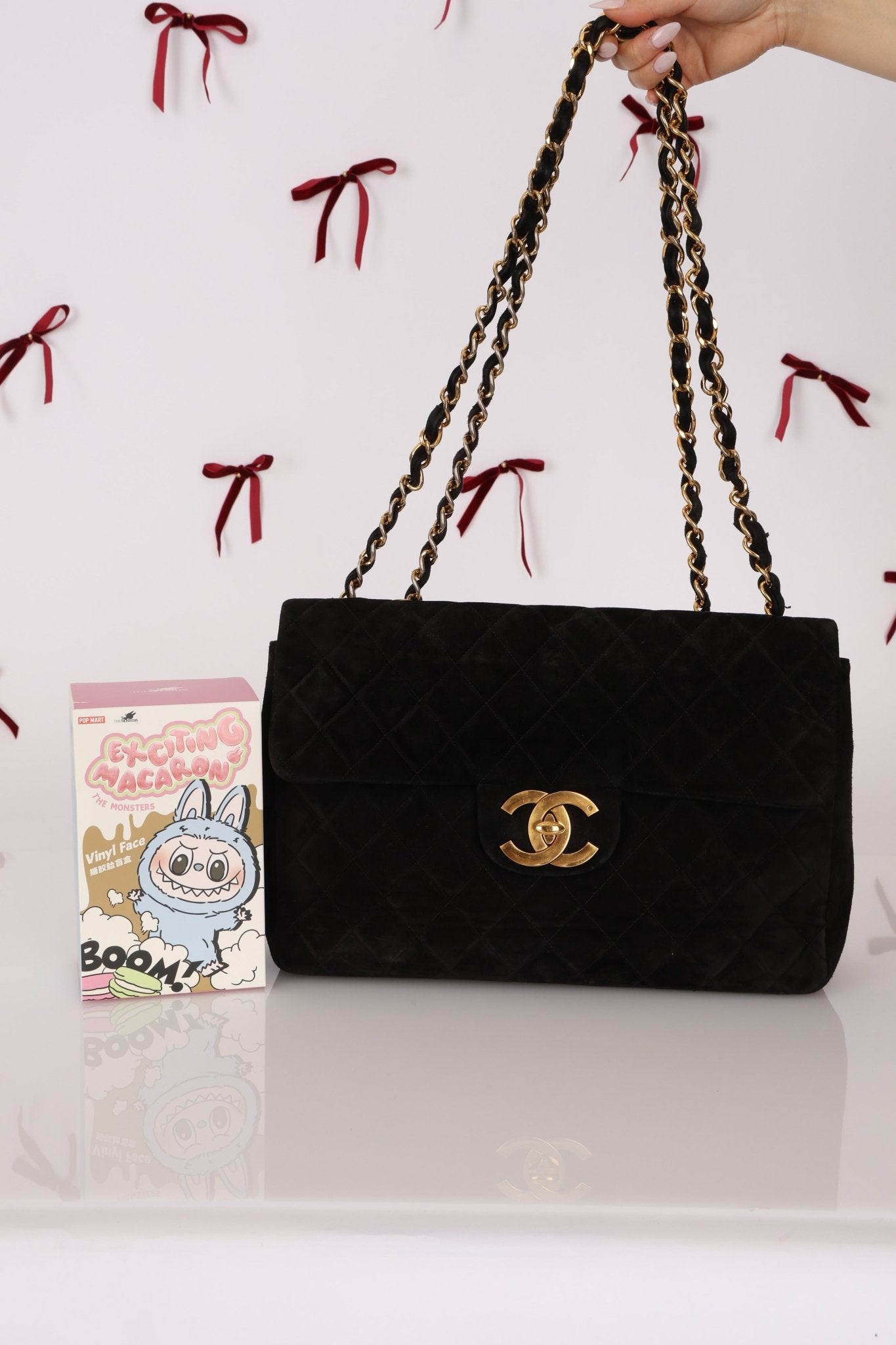 Chanel 1991 Black Suede XL Turnlock Jumbo Classic Flap 24K GP - FashioNica