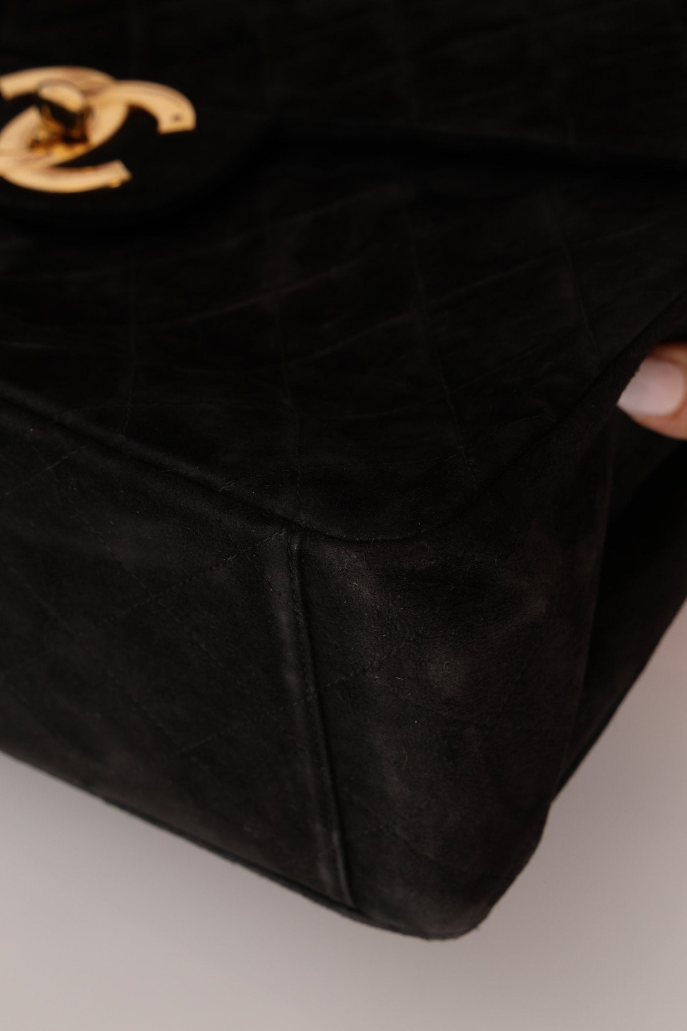 Chanel 1991 Black Suede XL Turnlock Jumbo Classic Flap 24K GP - FashioNica