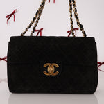 Chanel 1991 Black Suede XL Turnlock Jumbo Classic Flap 24K GP - FashioNica